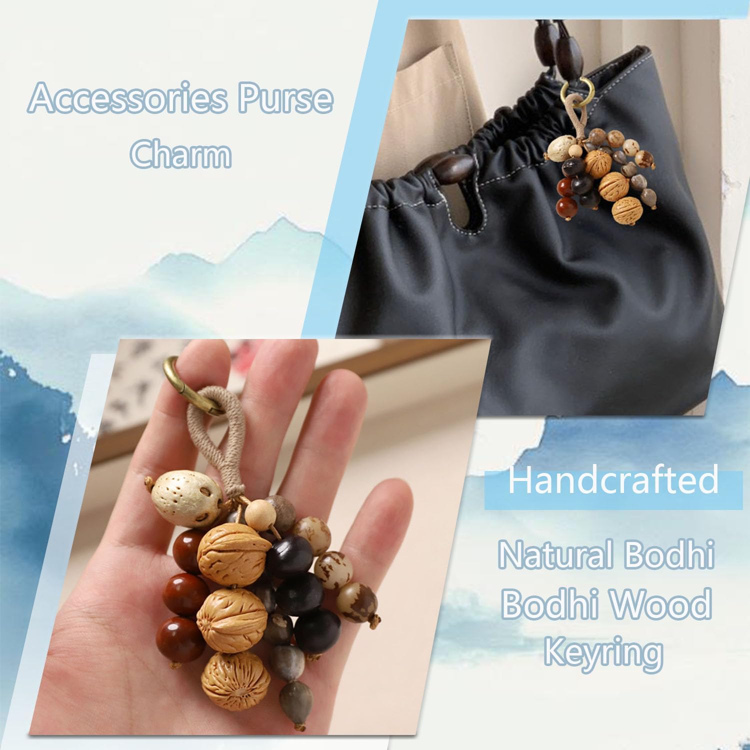 Natural Bodhi Wood Beaded Keyring,Hand-Woven Cowhide Lanyard with Lucky Key Ring Handcraft Purse Charms Pendant Craft Jewelry Bag Decor for Women - Image 2