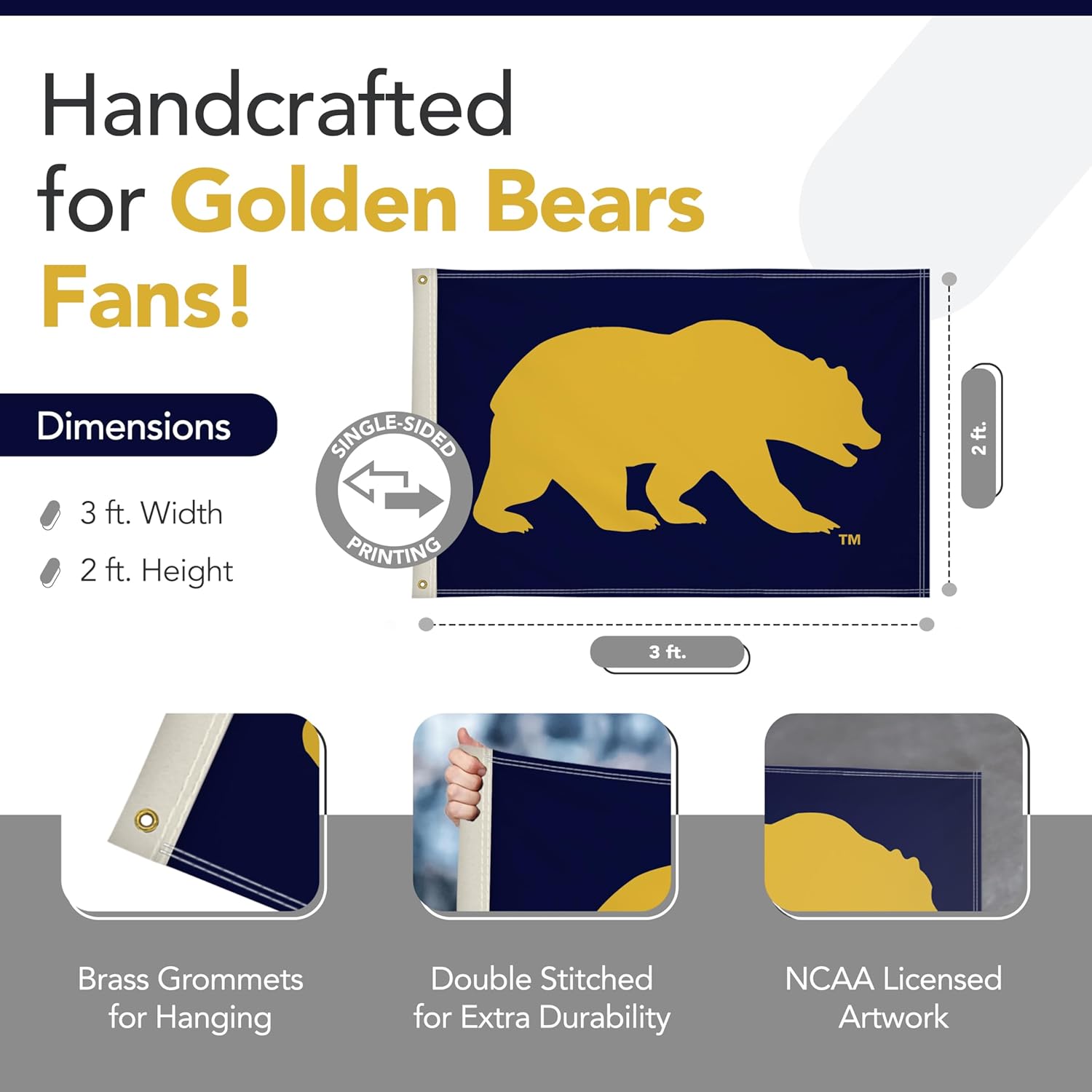 California Berkeley Golden Bears College Sports Printed Flag - NCAA Licensed - Super Polyester Knit - School Banner (Navy Blue, Gold) (2' x 3')