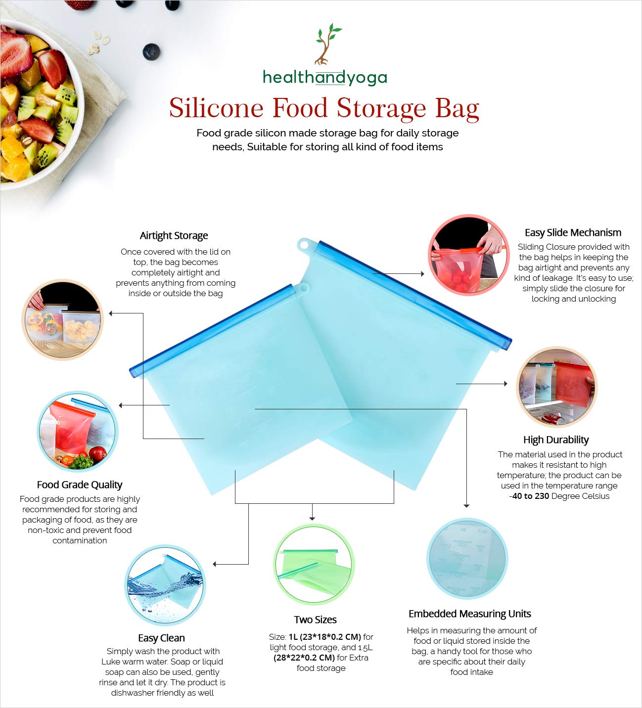 Bolsa de almacenamiento de alimentos de silicona, a prueba de fugas, sin olor, resistente a las manchas, duradero, apto para lavavajillas - Apto para microondas y refrigerador (juego de 2) 2 L