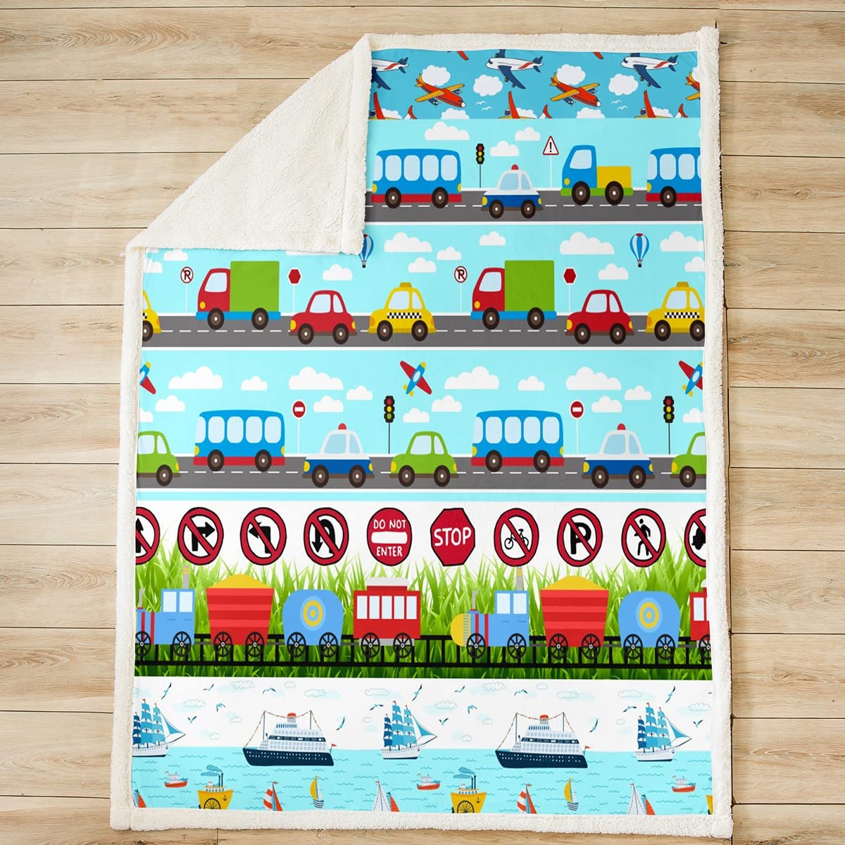 Coperta in pile per bambini, per auto, aereo, treno, barca, Sherpa, per bambini, ragazzi, ragazze, veicoli terrestri e aerei, coperta morbida sfocata per divano letto, queen 200 x 200 cm