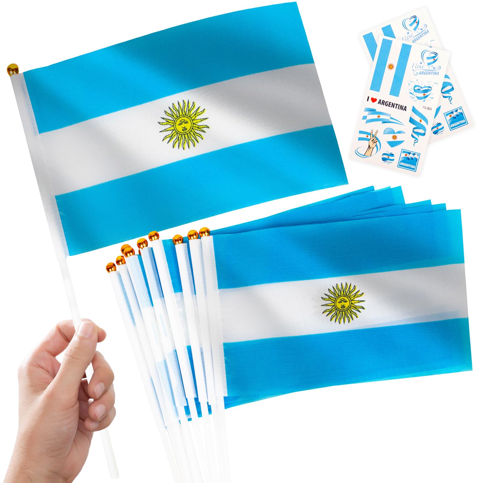 10pcs Small Argentina Flags on Sticks & 2pcs Tattoos, Mini Argentina Flag Hand Held Argentine Flag Party Decorations for World Cup Football 2026 National Day Parade Sports Events — image 1
