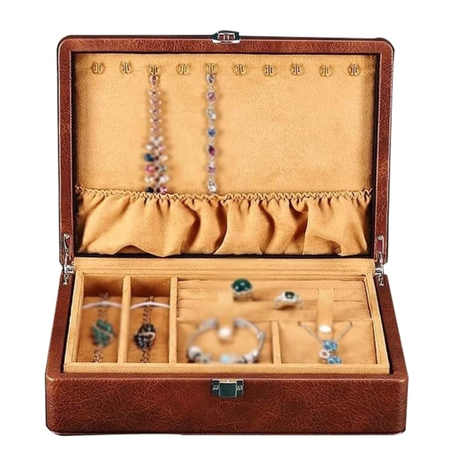 Boîte à bijoux en cuir PU marron : étui élégant et organisateur haut de gamme pour vos bagues
