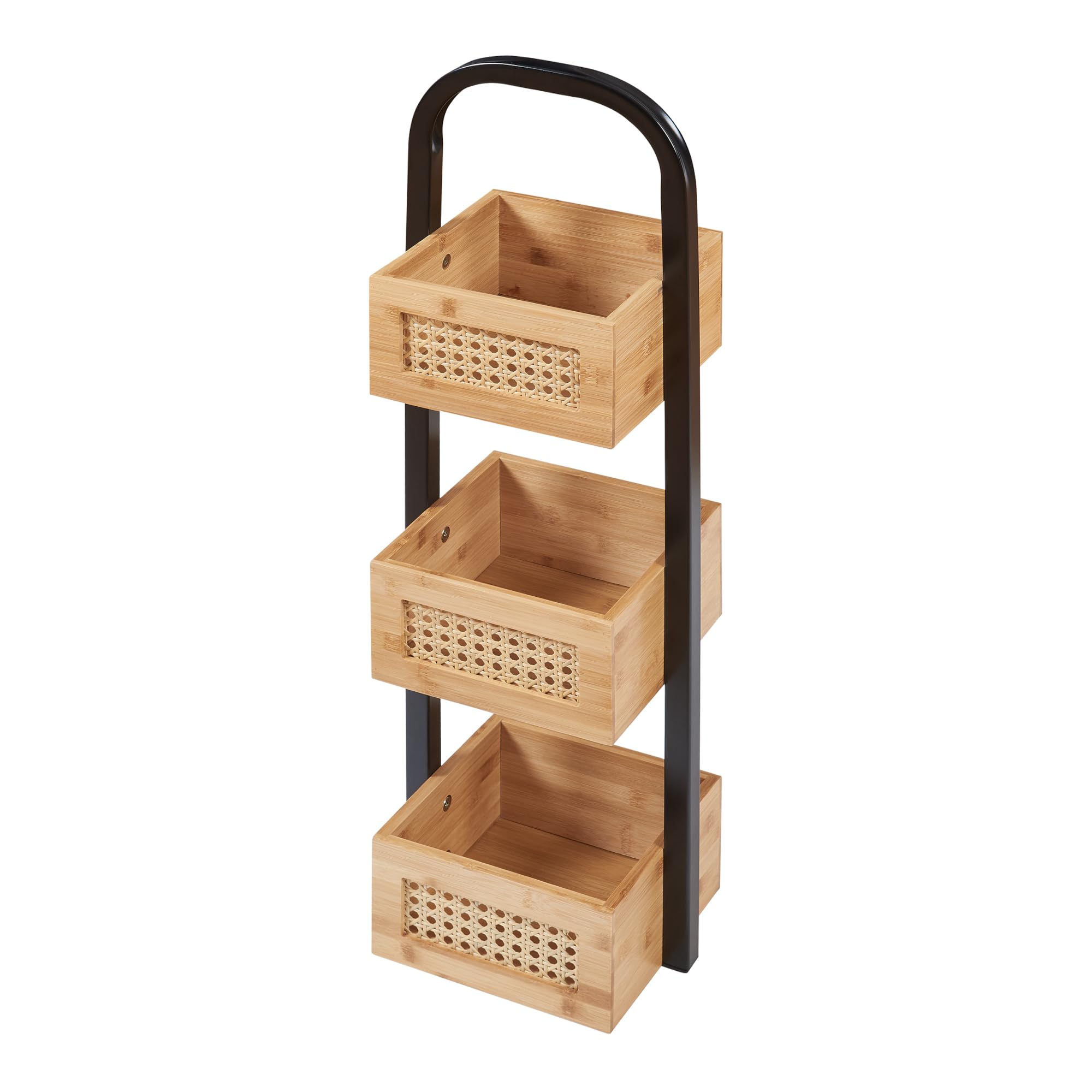 [en.casa] Estantería para Baño Tervola con 3 Cestas Mueble Baño Estantería de Pie Cocina Multiusos Versátil Resistente Metal/Bambú 73x23x19 cm - Negro/Efecto Ratán