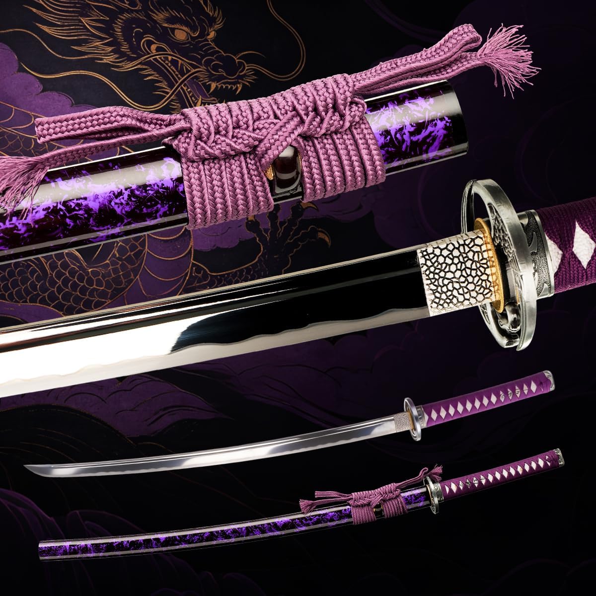 Purple Sovereign Full Tang Katana, 1060 High Carbon Steel Hand Forged Real Japanese Samurai Sword, Ultra Mirror Polished Blade with Hamon, Heat Tempered, Premium Collectible Gift for Men