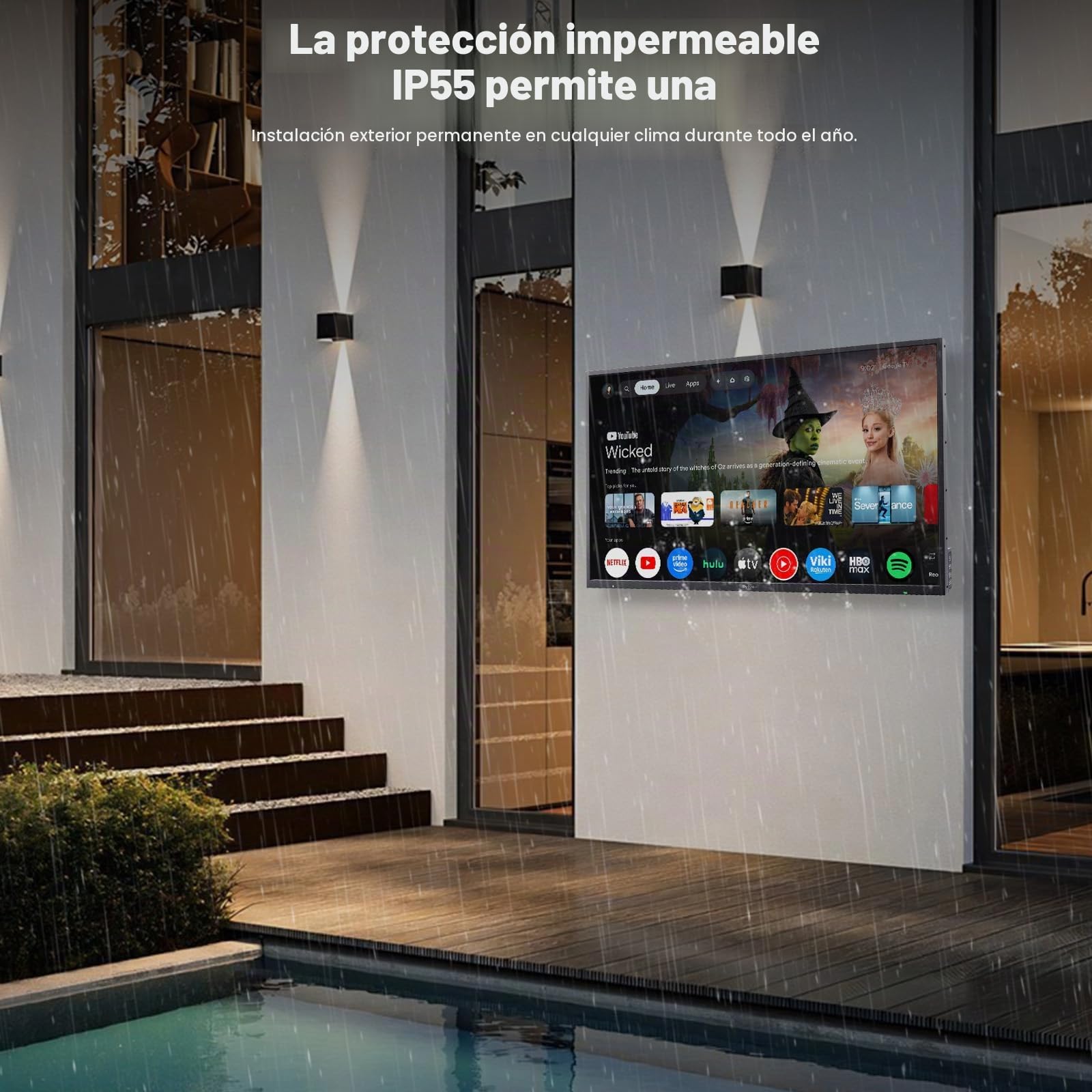 SYLVOX 65" Televisor de Exterior, 2000Nits Legible a la luz del Sol, 4K UHD Google TV, Dolby Atmos, DVB-T2/S2/C HEVC, IP55 Resistente Outdoor TV al Agua para Jardín, Terraza & Piscina (Pool Pro 2.0)