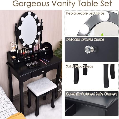 Miniatura 5 de CHARMAID Juego de tocador con espejo ovalado iluminado, tocador de maquillaje con 10 bombillas LED regulables y 3 cajones, mesa de maquillaje