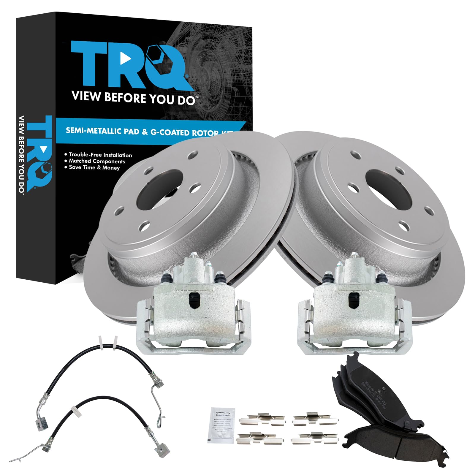 TRQ Rear Brake Pad &amp; Rotor Kit Semi-Metallic Premium G-Coated Compatible with 2009-2010 Dodge Ram 1500