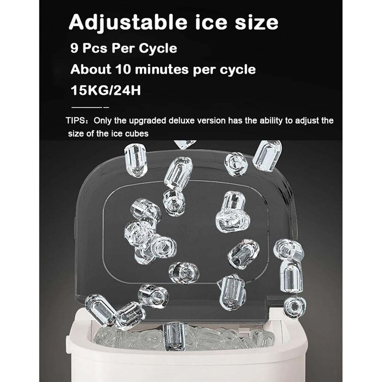 Generico Macchina per Il Ghiaccio da banco, Design Portatile, 9 cubetti di Ghiaccio in 6 Minuti, Produzione giornaliera di 15 kg, autopulente, Ideale per casa, Cucina, Ufficio, Bar (Nero)
