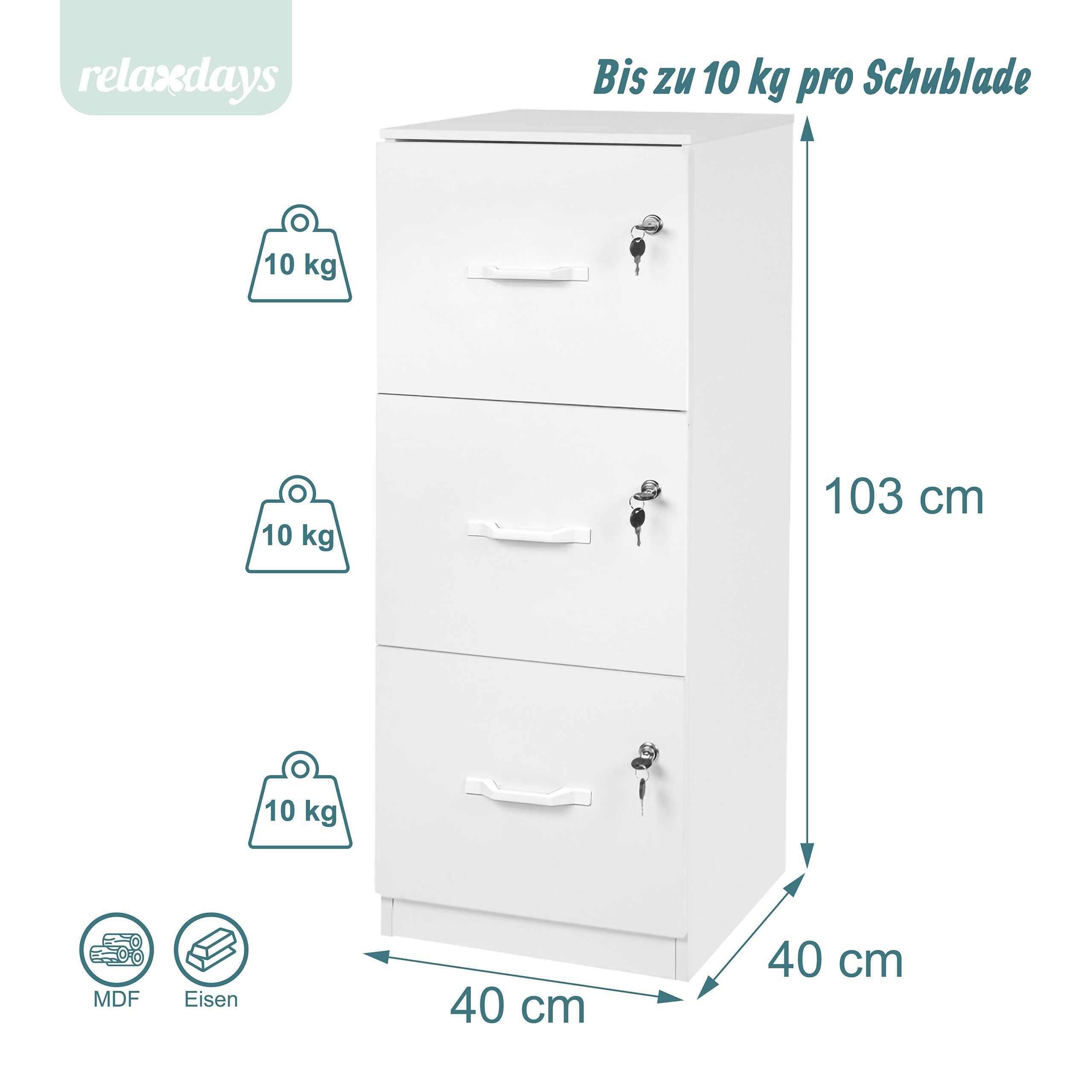 Relaxdays Aktenschrank Hängeregister, 3 abschließbare Schubladen, HxBxT: 103 x 40 x 40 cm, Hängeregisterschrank, weiß