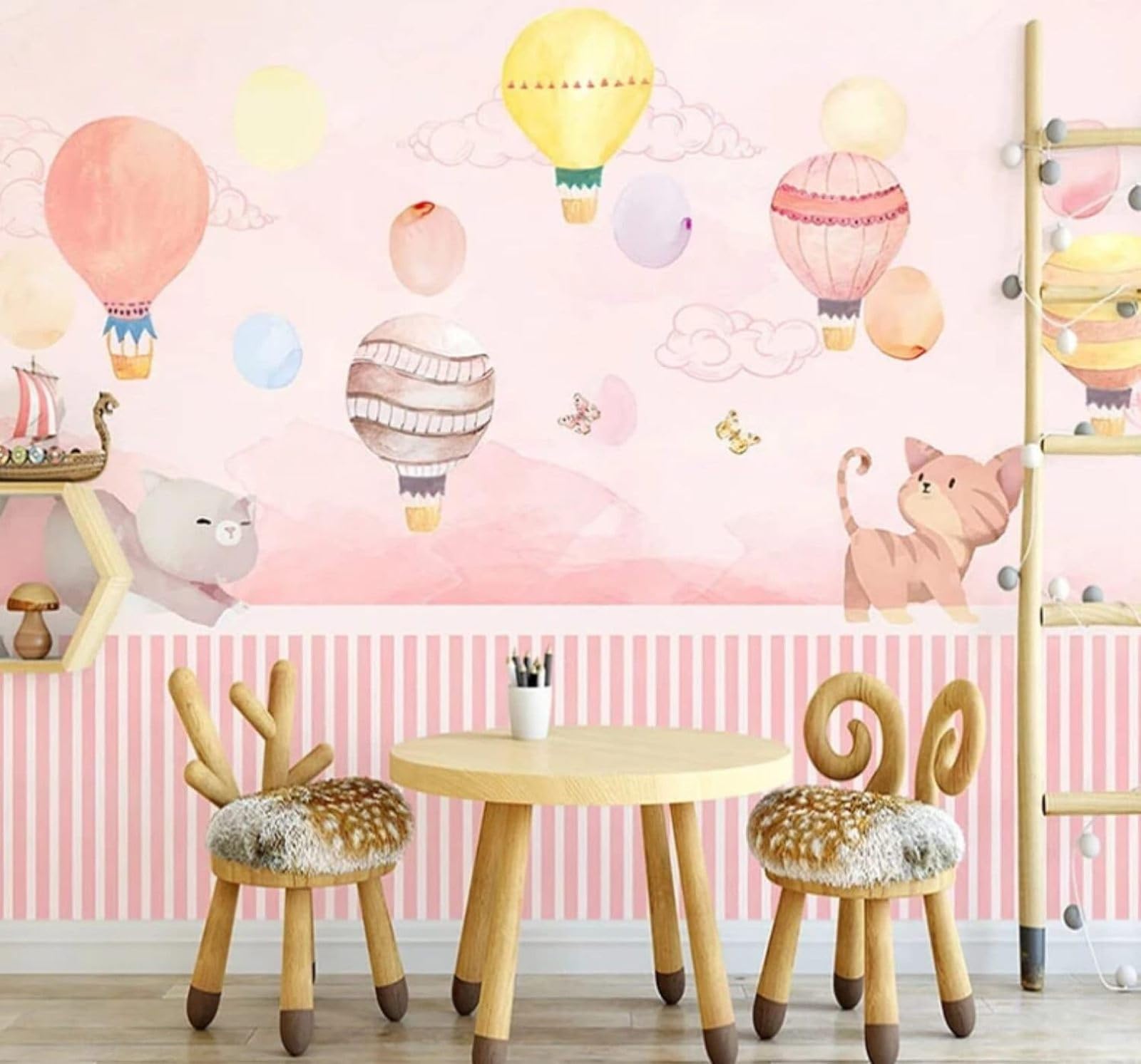 XLMING Cartoon Cute Kitten Hot Air Balloon Pink 3D Wallpaper Luxury Home Dining Decor Paste Sofa Living Room The Wall for Bedroom Mural-250cm×170cm