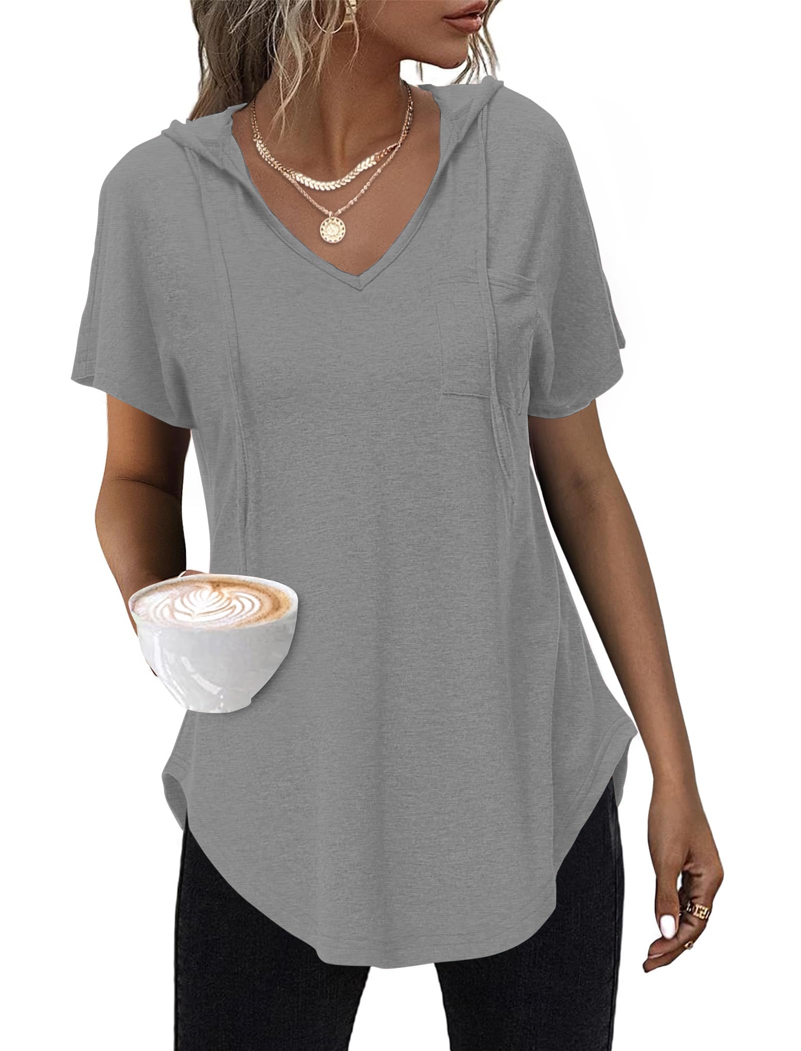 WNEEDU Hoodie Damen Sommer Kurzarm Kapuzenpullover T Shirt V Ausschnitt | Oberteile Damen Sommer Top mit Kordelzug Brusttasche Tshirt mit Kapuze Locker Lässige Casual