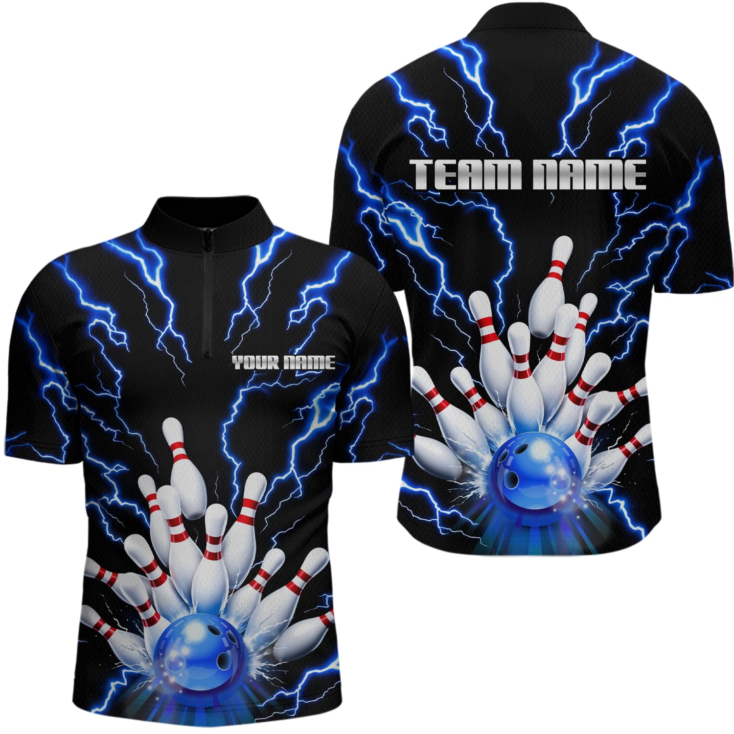 PIONAMZIOZ Thunder Lightning Bowling Shirt Custom Bowling Jersey for Men Women Team Bowling Polo & 1/4 Zip Shirt (US, Alpha, Small, 5X-Large, Regular, Regular, Blue)