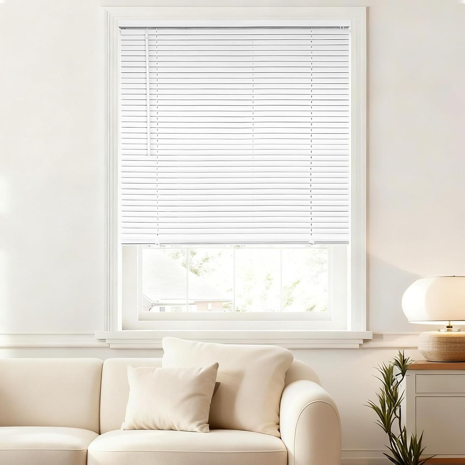 1" Slat Size Vinyl Mini Blinds Cordless Aluminum Blinds New Horizontal Window Blinds Anti-UV Waterproof Venetian Blind for Office Home Windows,White,86" W × 72" H