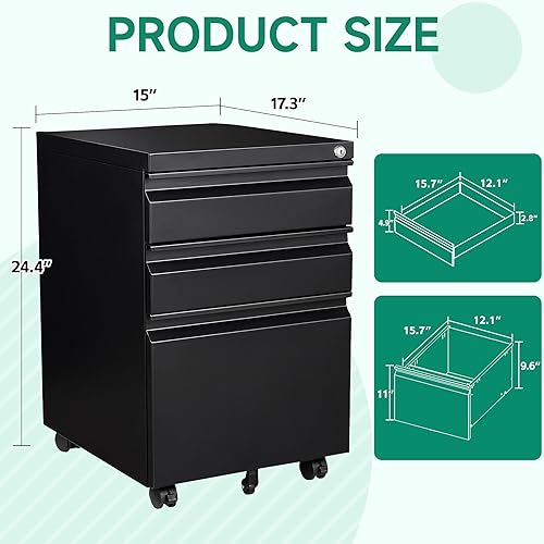 Miniatura 3 de Letaya Archivador móvil con cerradura, debajo del escritorio, con 3 cajones para oficina en casa, cartalegalA4F4 (negro, desinstalado)