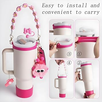 Accessories Set for Stanley Cup - 7pc Set for 30/40 oz Cup, Including Silicone Cup Boot, Water Bottle Strap, Cup Ring, Straw Cover, Water Cup Decoration,Lipstick Holder and Plush Ball Hanger