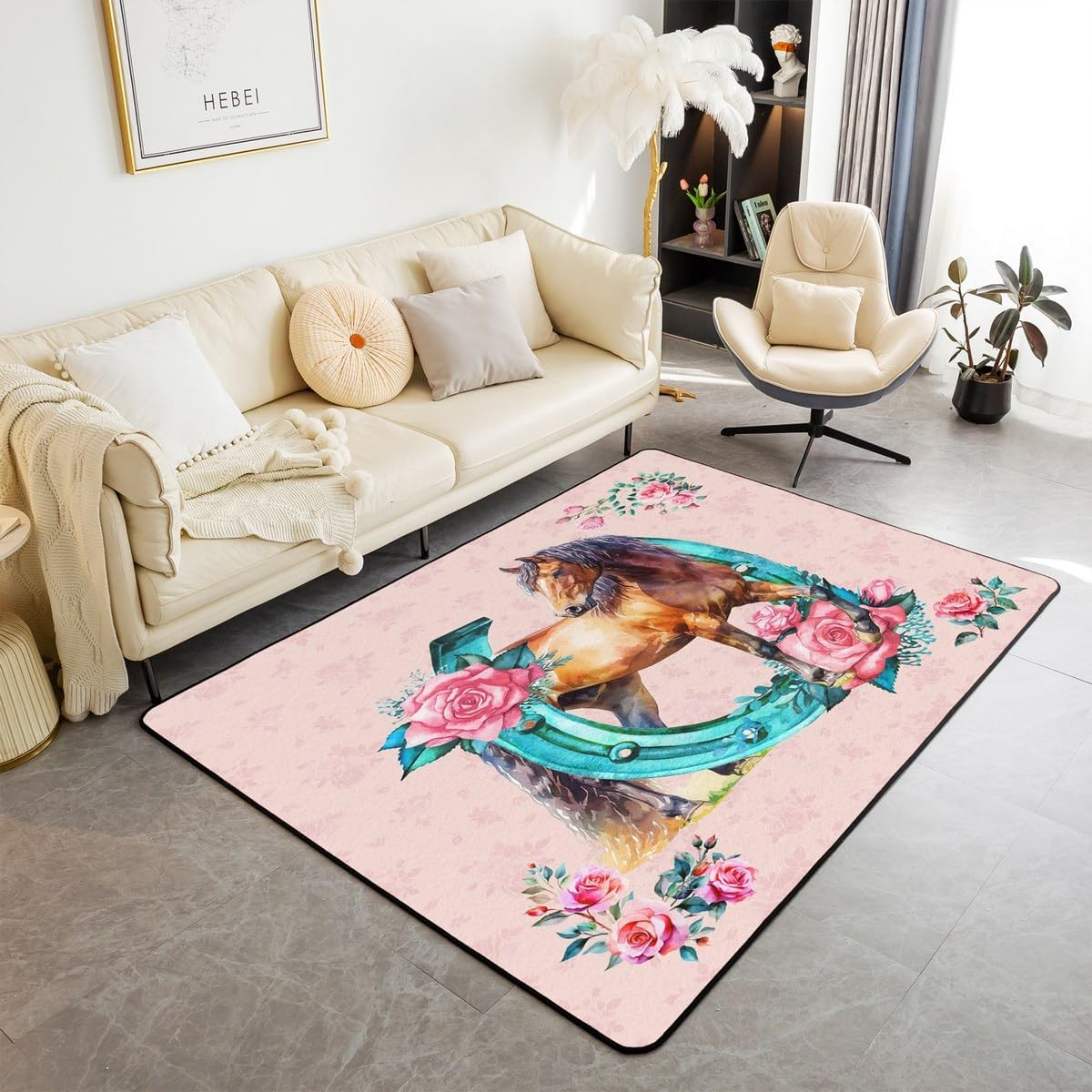 Feelyou Girls Horse Area Rug 3x5 for Women Farmhouse Horses Rose Decorative Carpet Horse Lover Room Decorative Pink Floral Print Rugs for Living Room Bedroom Floor Mat Western Horseshoe Accent Rug Mat
