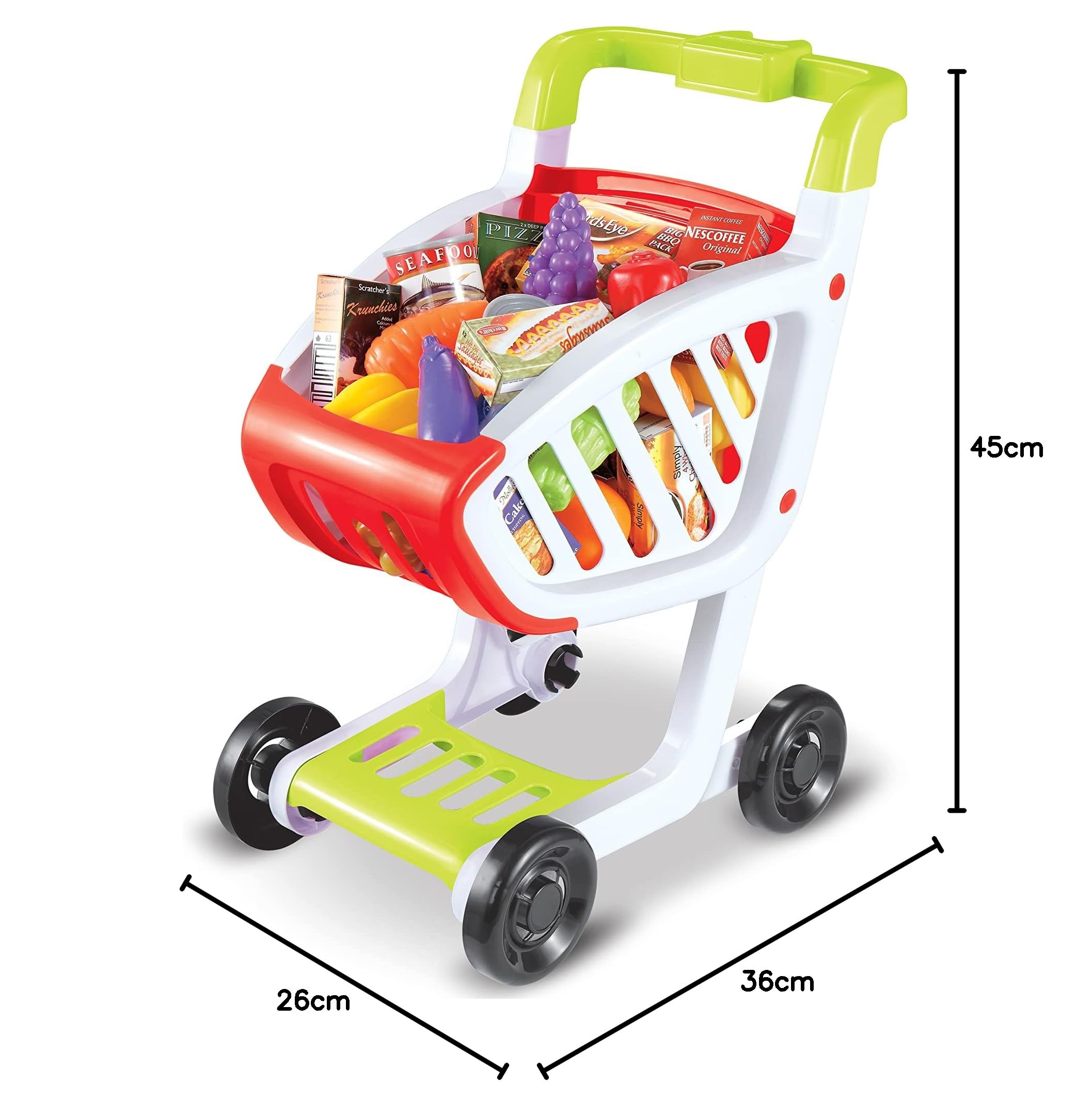 Teorema Giocattoli, Carrello Spesa Bambini, Gioco di Imitazione, Carrello Spesa con 4 Ruote Stabili, Completo di Tanti Accessori e Cibo Giocattolo per Bambini, Altezza 45cm