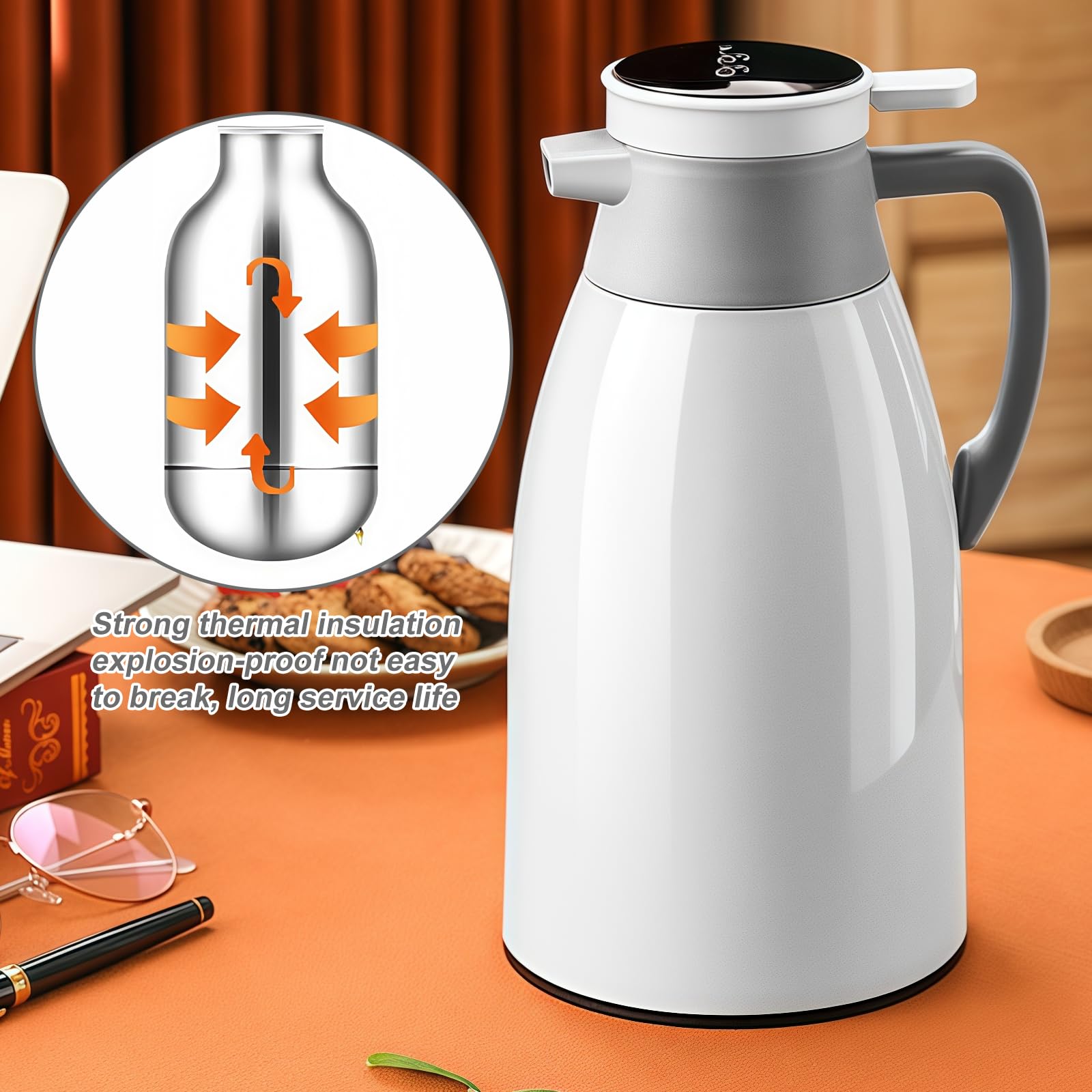 Thermos 24 ore isolamento termico: 2 l, acciaio inox, isolamento sottovuoto, indicatore intelligente temperatura, bevande calde fredde (bianco)