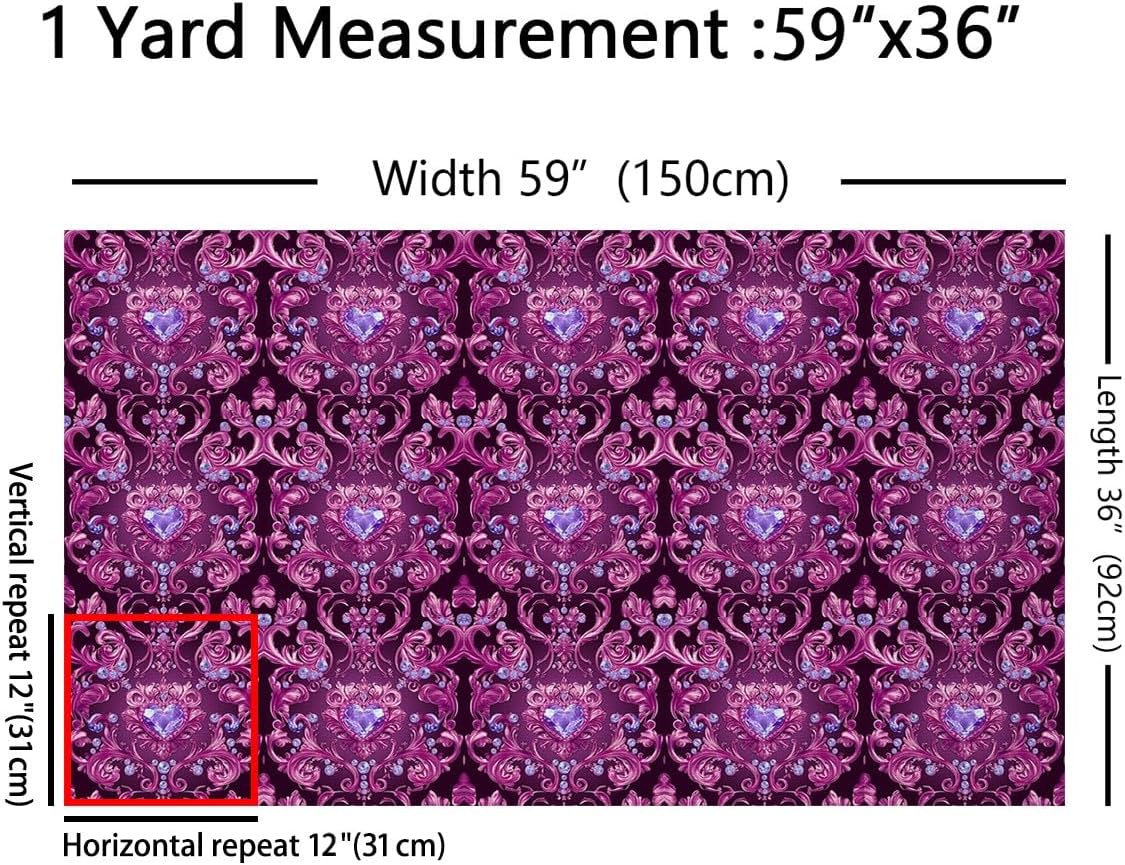 Purple Damask Upholstery Fabric for Chairs Antique Decor Gothic Fabric by The Yard 109"x63", Blue Crystal Love Heart Exotic Vintage Floral Bohemian Quilting Fabric
