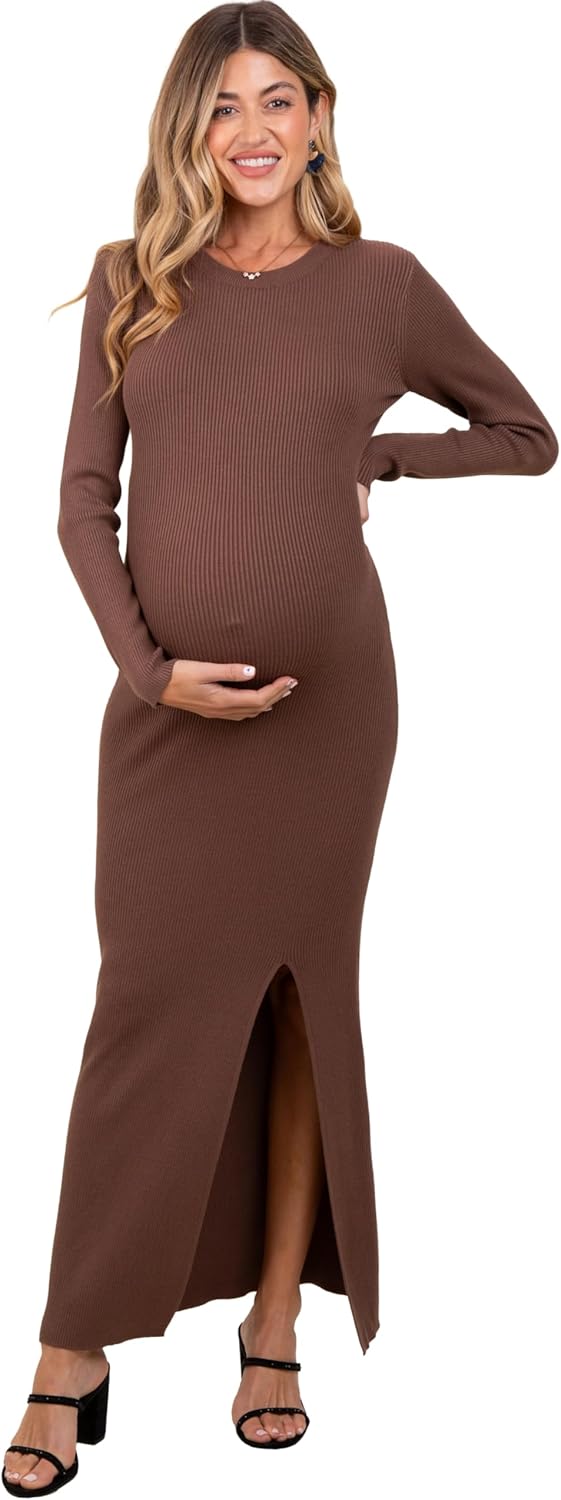 PinkBlush Olive Ribbed Knit Long Sleeve Side Slit Maternity Maxi Dress