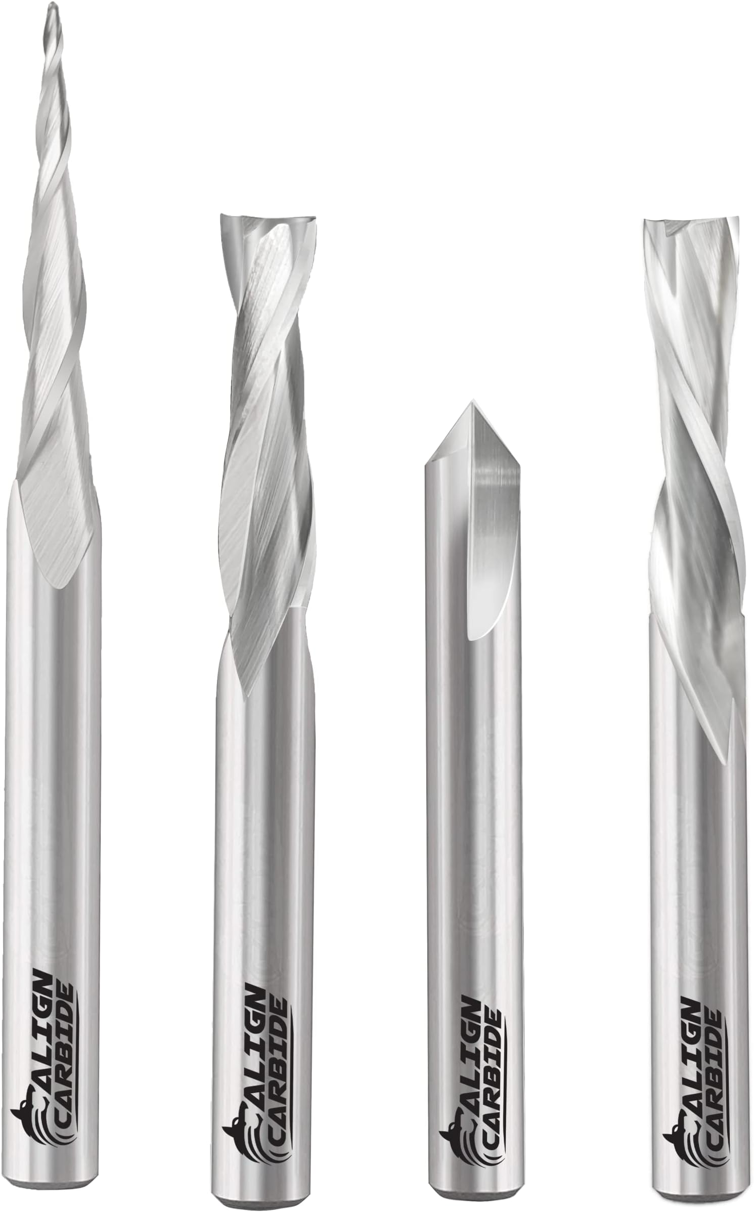 Align Carbide 4-Piece CNC Starter Set, CNC Wood Carving Router Bits, Up Cut, Down Cut, 90° V-Groove, 1/32" Taper Ball Nose, All 1/4 Inch Shank, Premium Solid Micro Grain Carbide.