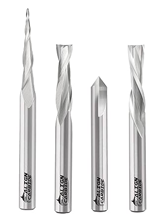 Align Carbide 4-Piece CNC Starter Set, CNC Wood Carving Router Bits, Up Cut, Down Cut, 90 degree V-Groove, 1/32