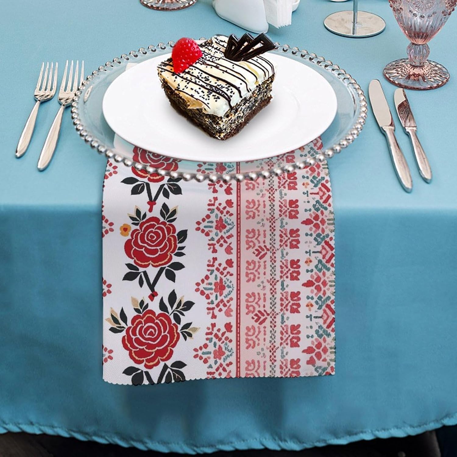 4 PCS Cloth Napkins Ukrainian Embroidery Style Rose Reusable Satin 18.7x18.7 Inch Washable Soft Table Napkins for Dining Wedding, Holiday Decor & Eco-Friendly Kitchen Gifts image 4