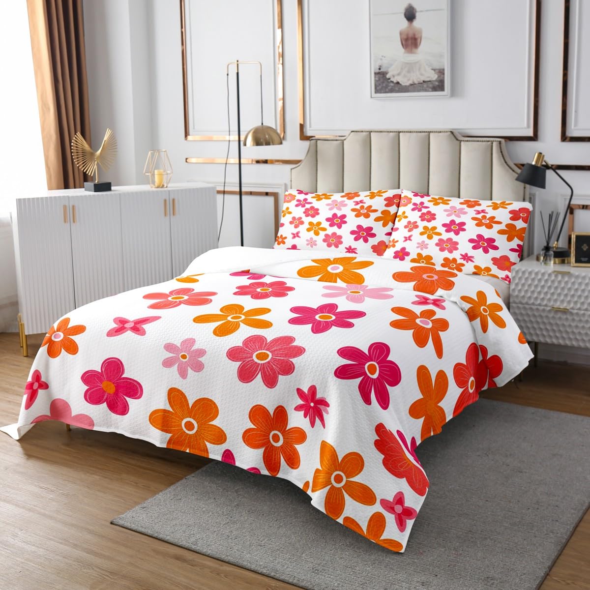 Groovy - Juego de colcha de margaritas tamaño King, diseño de flores retro, estilo desgastado, elegante, para decoración de habitación de niños y niñas, juego de edredón floral retro, colcha rosa