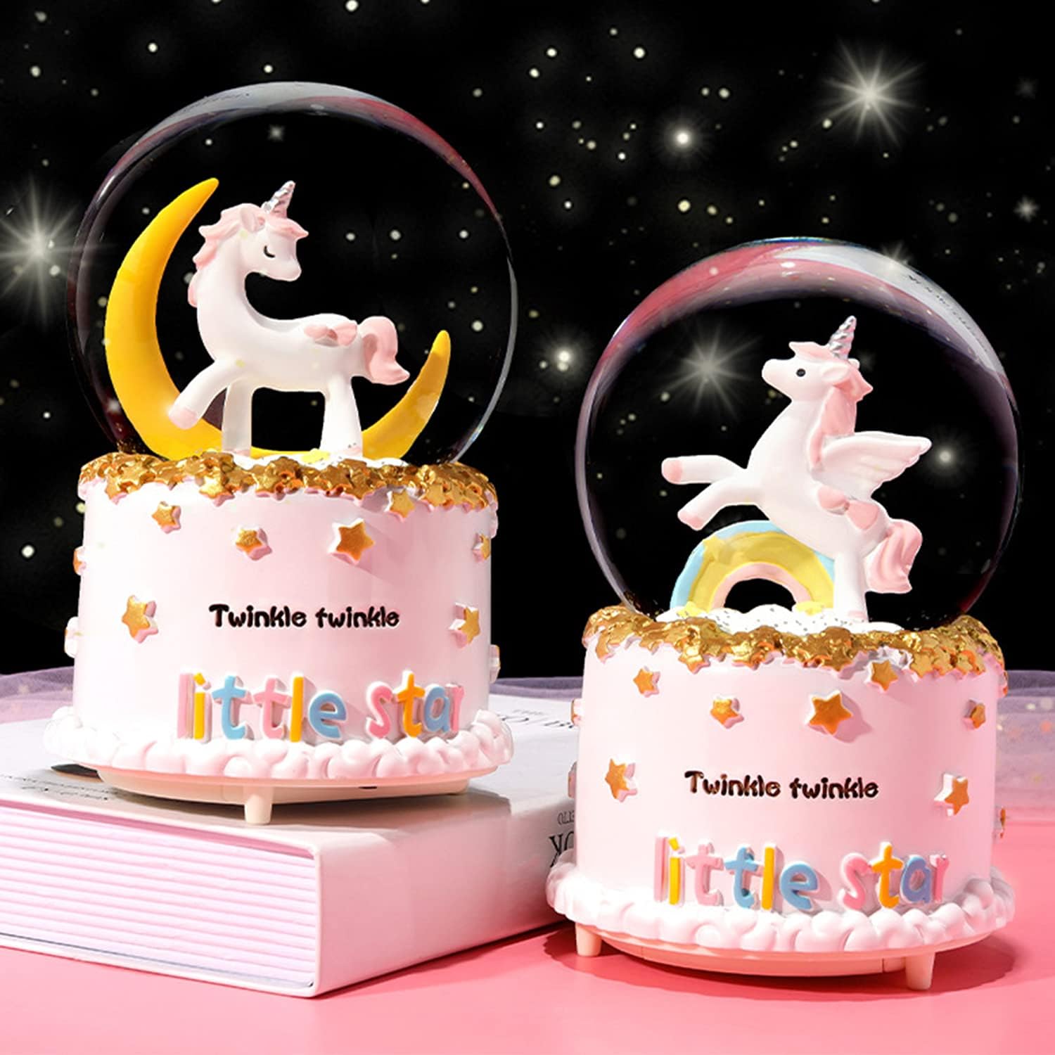 Unicorn Snow Globe, 80 MM Automatic Snowfall Cartoon Moon Music Box Home Decoration for Girls Kids Granddaughters Babies Birthday Gift, Musical, Resin/Glass