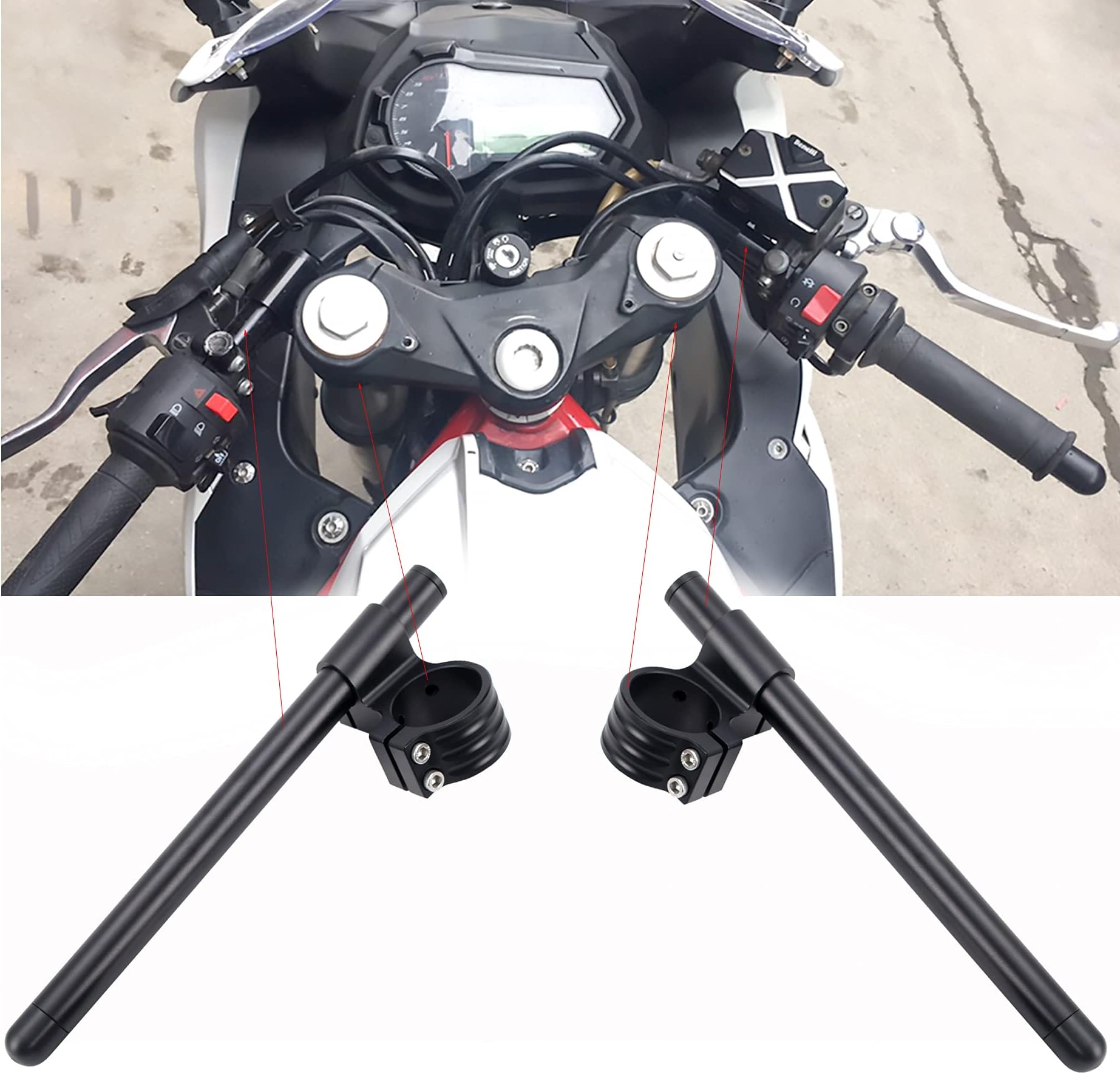 clip-ons handlebar Φ 53mm compatible with Ducati 748/749/999 fork Φ 53mm racing cafe racer build, Φ 7/8" bars Tilt angle 7° CNC aluminum