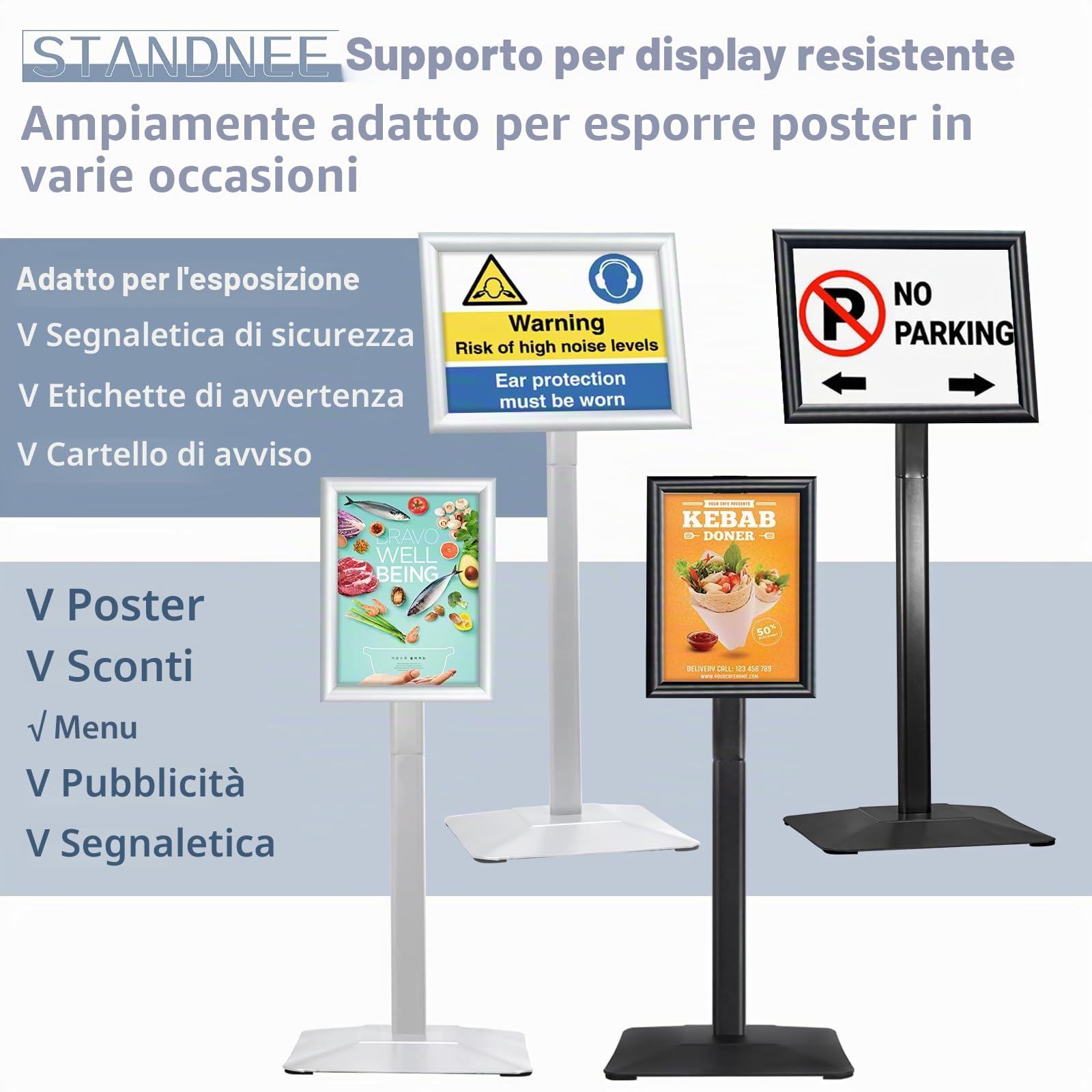 Espositore A4 Supporto per supporto per segnaletica per impieghi gravosi Cartello da pavimento, espositore per poster Cartelli in alluminio con e piedistallo per impieghi gravosi, argento