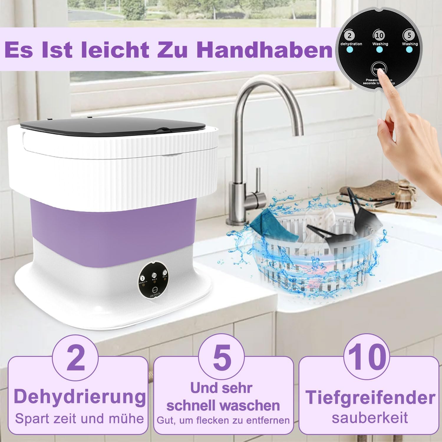 Camping Waschmaschine, 13L 2kg 2 in 1 Mini Waschmaschine mit Schleuder Tiefenreinigung von Babykleidung und Unterwäsche, Portable Wasch-maschine für Schlafsäle, Wohnmobil, Wohnungen, Reisewäsche, Lila
