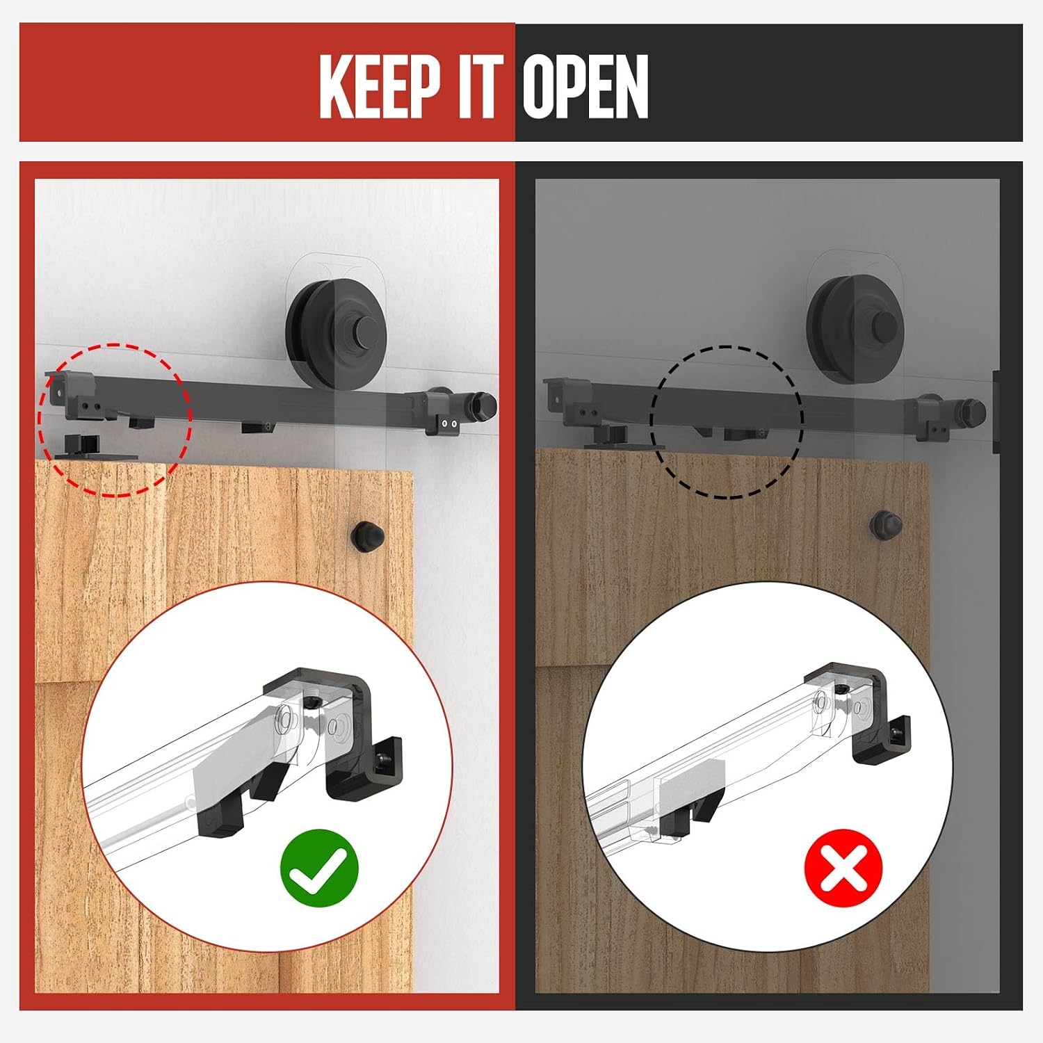Barn Door Hardware Kit – Soft Close No-Drill (2PCS) | Hydraulic damper for 88-132 lb doors; anti-slam, silent close; protects fingers/pets; fits bedroom, bathroom, closet, pantry