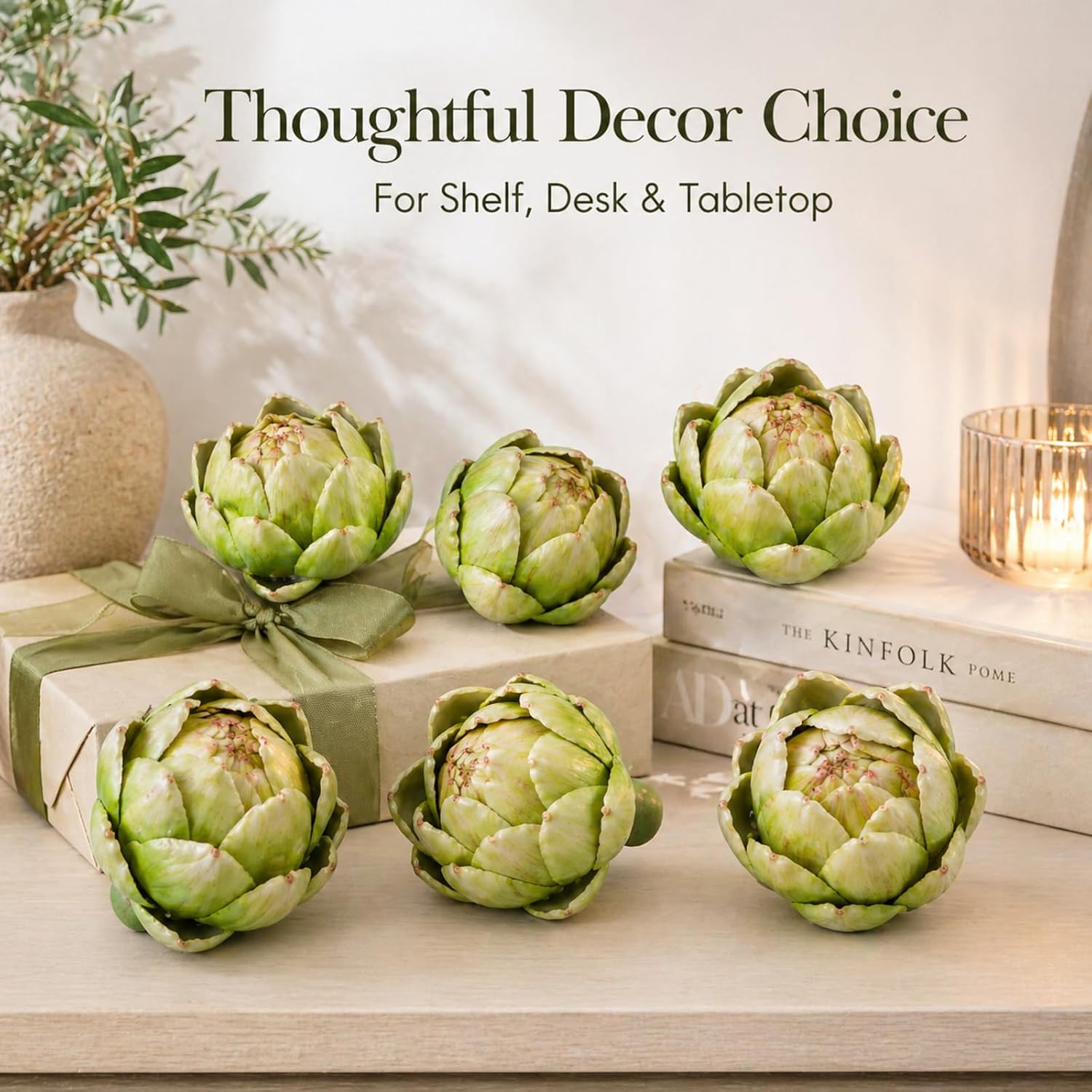 6 Pcs Artificial Artichokes, Faux Green Vegetables Decor | Realistic faux artichokes for kitchen decor, farmhouse table centerpieces, bowl fillers, home staging and photography props