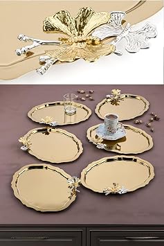 6 Adet Oval Kelebek Aksesuarl  Kahve- ay Servis Ve Sunum Tepsisi 25x20 Cm Gold