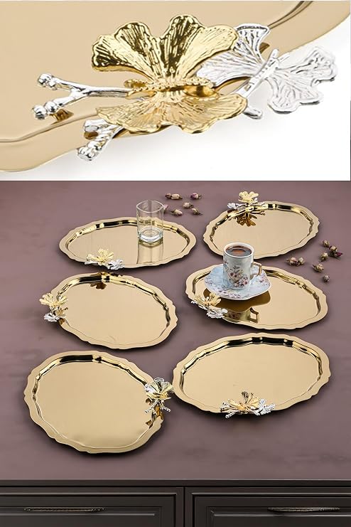 6 Adet Oval Kelebek Aksesuarlı Kahve-çay Servis Ve Sunum Tepsisi 25x20 Cm (Gold)