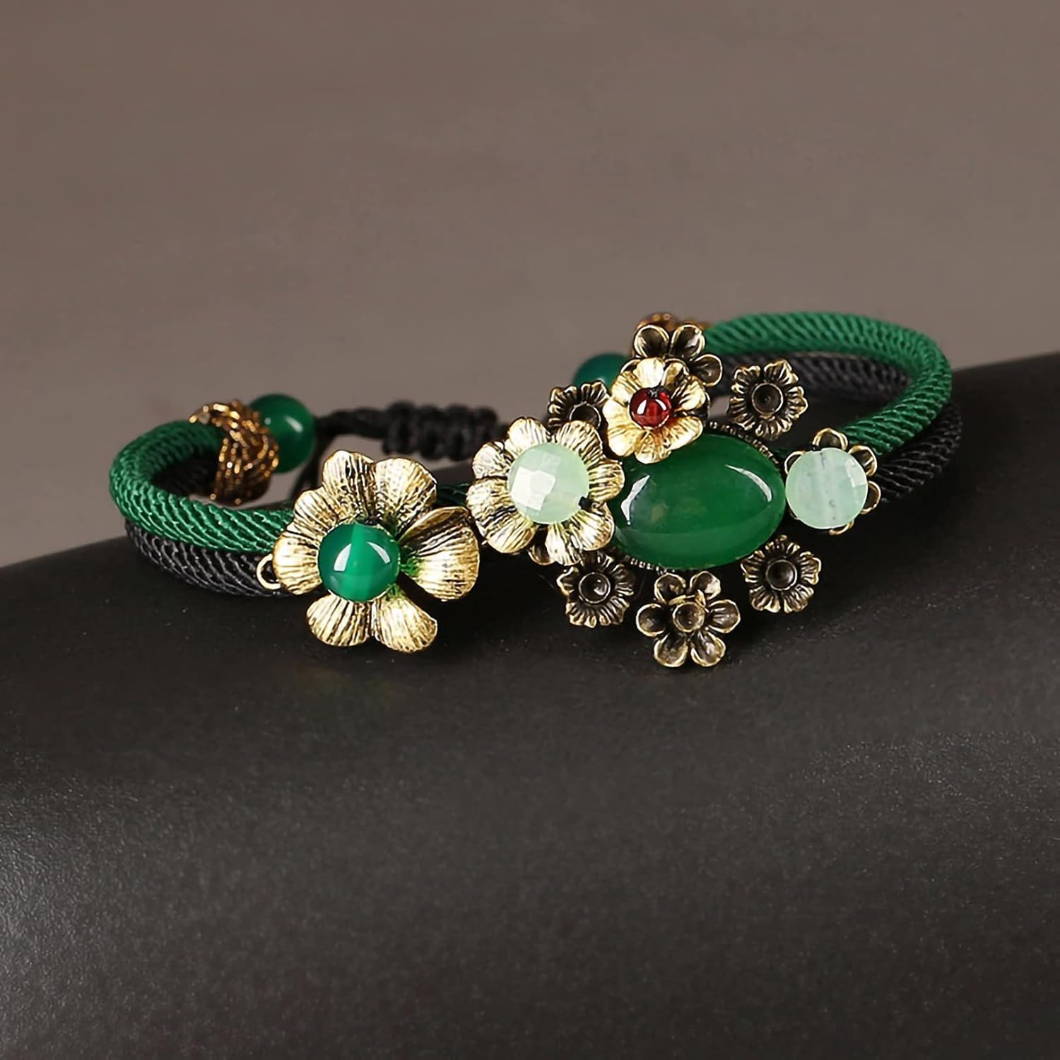 Vintage Prosperity Flowers Jade Beaded Bracelet, Adjustable Rope Lucky Beads Wrap Charm Bracelet for Women Lovers Gift