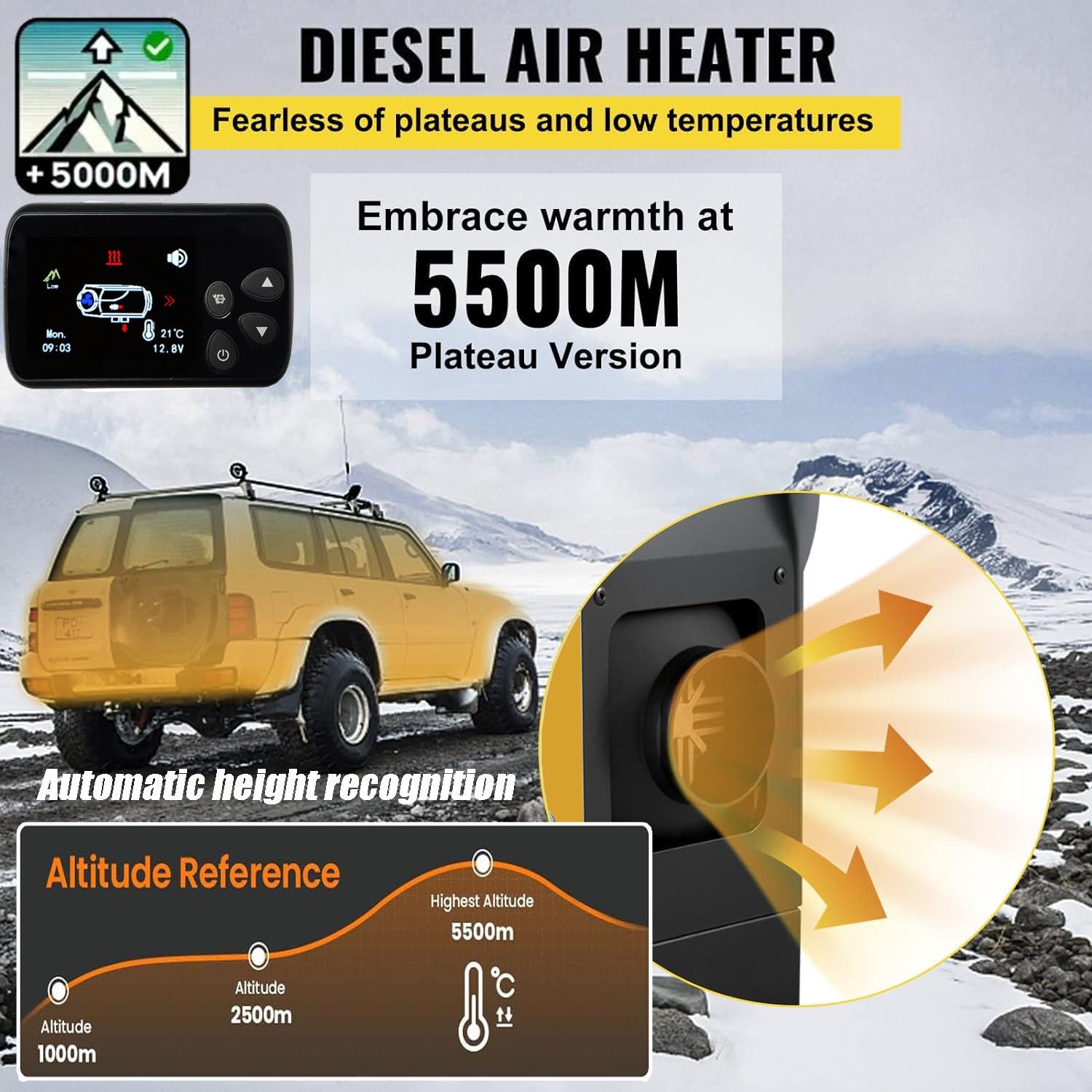 YCSH Calefaccion estacionaria diesel 5kw 12v ch22 v3, Calefaccion homologable ITV de Aire diésel de Bluetooth 12V con Bomba de Aceite silenciosa, Altitud Disponible 5,000 m, Nuevo Modo de ventilación