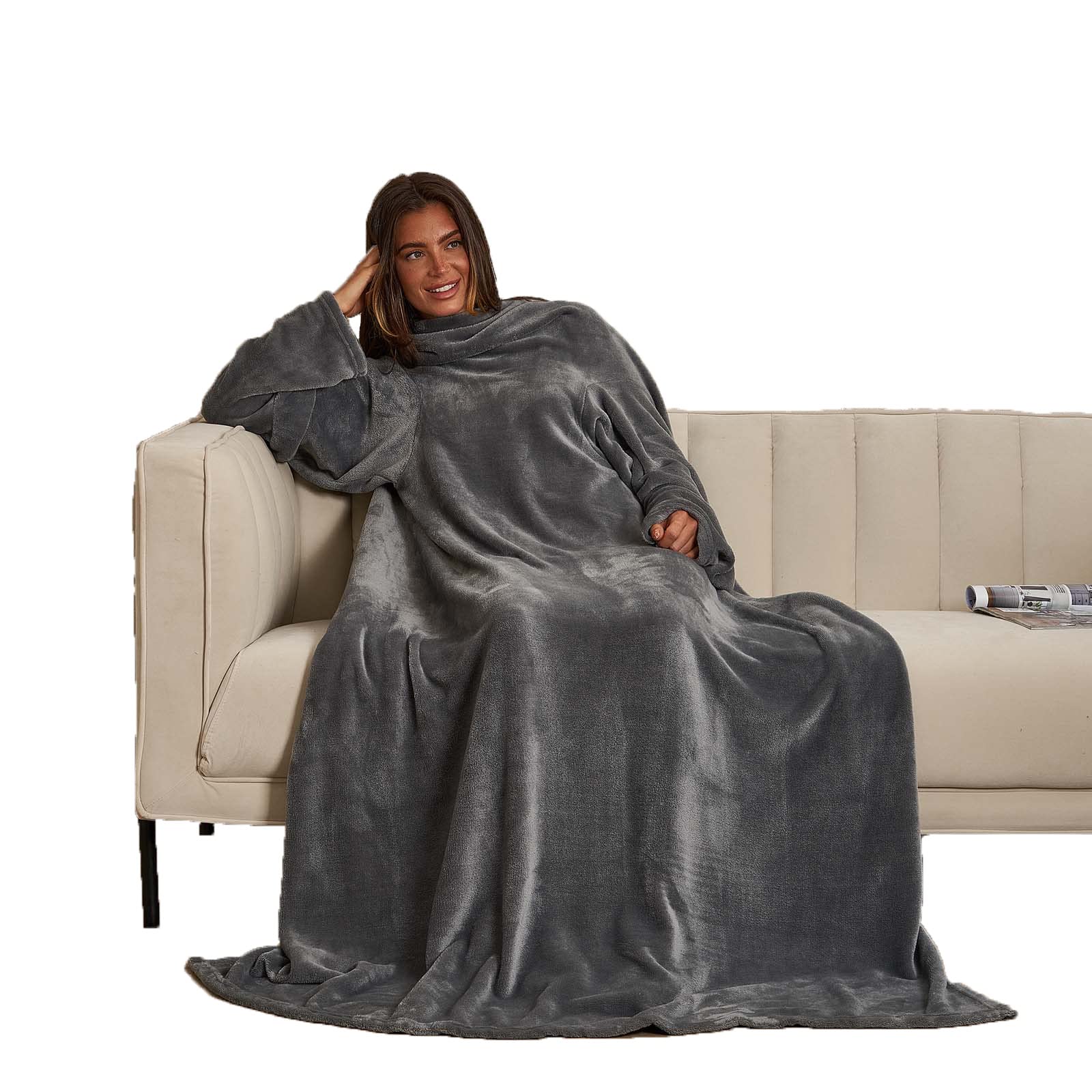 OHS Women's Wearable Blanket with Sleeves - Coral Fleece - Charcoal - Large