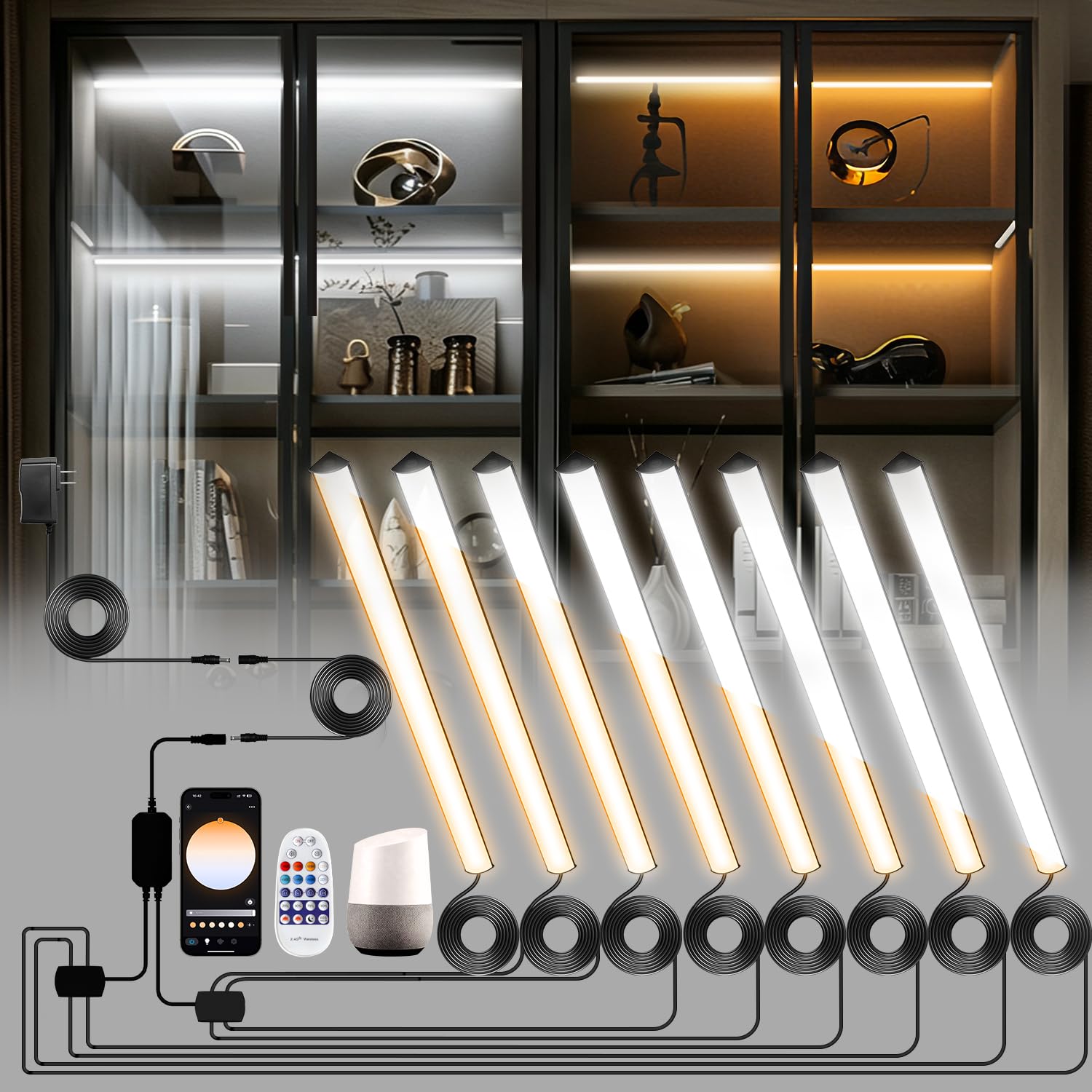 Black Shelf Lights, LED Bookshelf Lighting Compatible with Alexa, WiFi Dimmable 2700k-6500k Warm White Under Shelf Lighting for Bookcase, Display, Cabinets with App, Remote (8Pack 12In)