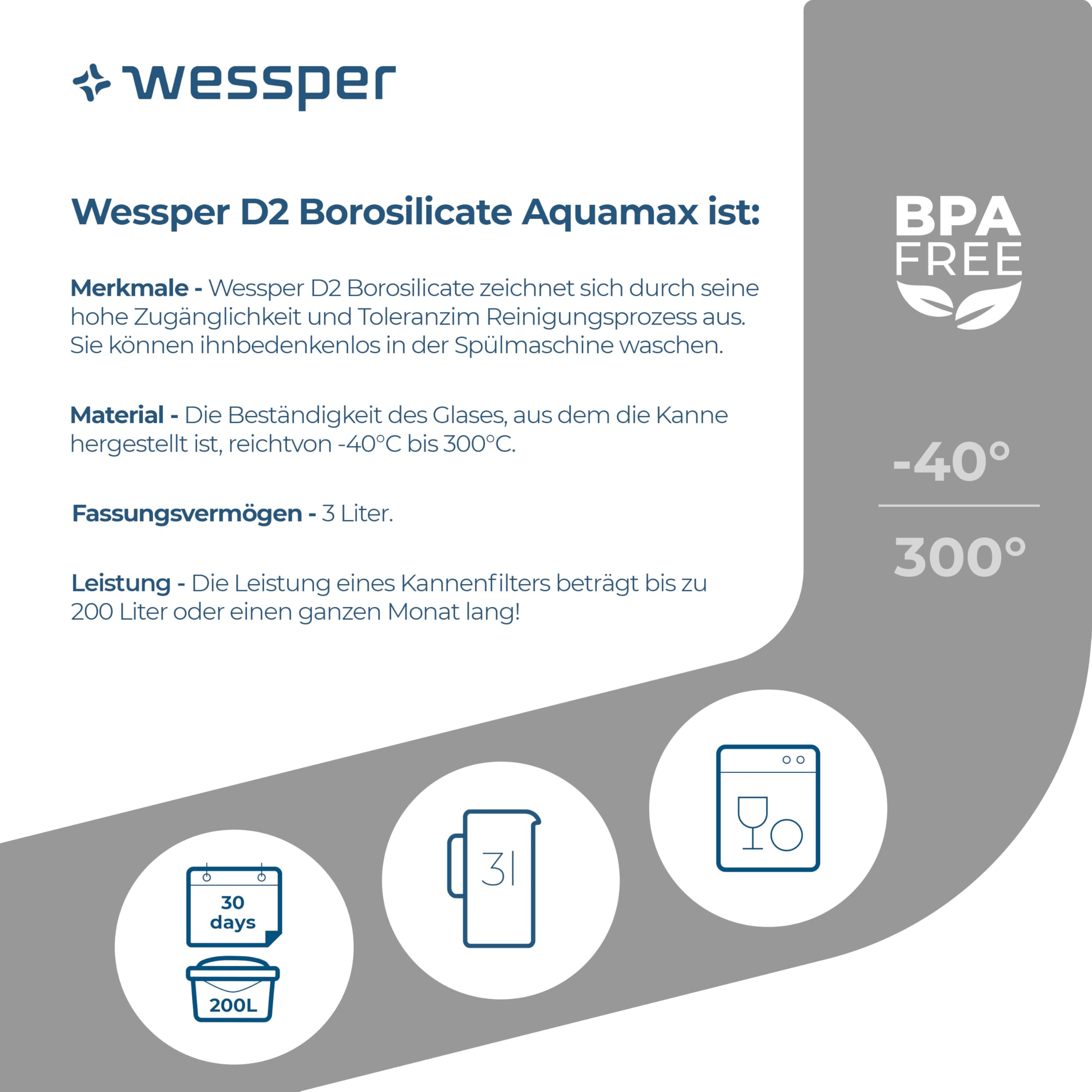 Wessper Wasserfilter Kanne Glas 2,5L, Set Wasserkanne und 10 Filterkartuschen, Kompatibel mit Brita Maxtra, Wasserkaraffe für Trinkwasser mit Ersatz Filter - Schwarz