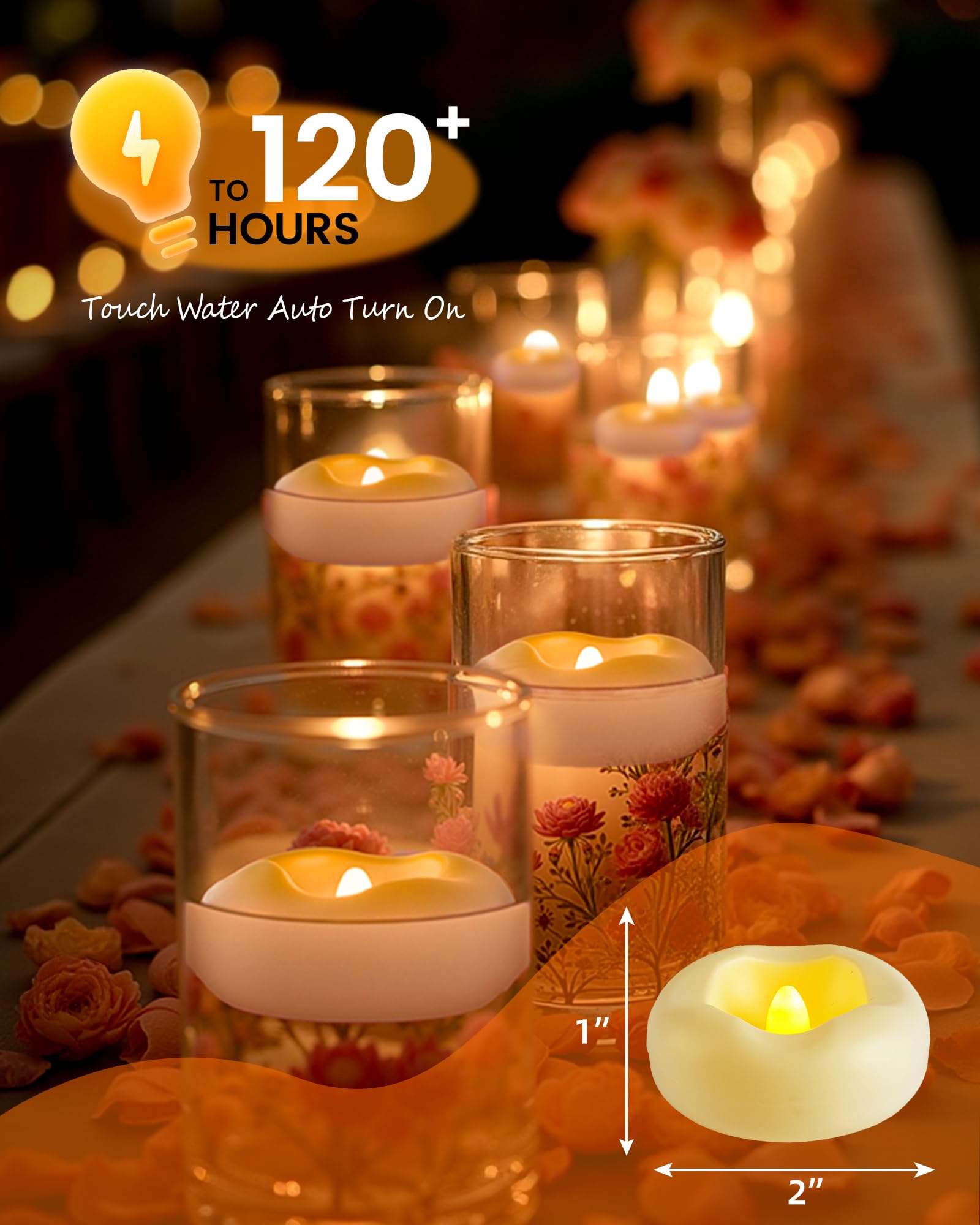 QQFCTOO 24 Pack 2 Inch LED Floating Candle |200 Hour Water Activated Flameless Floating Candle for Pool Decoration, Wedding Ambiance, Home Decoration, Party, Cylinder, Vase, Center Decoration (White)