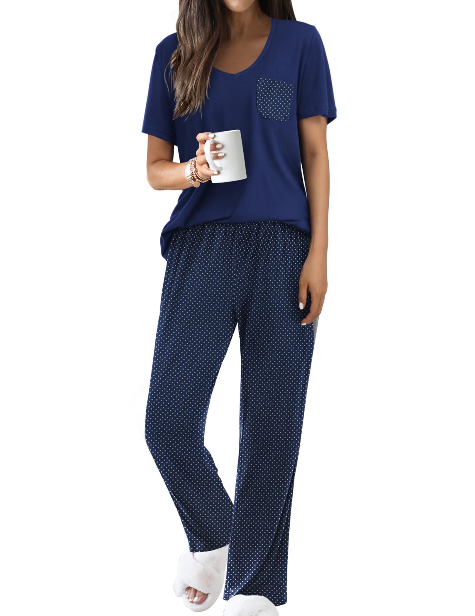Ekouaer Pajama Sets for Women 2 Piece Short Sleeve Pj Sets with Long Printed Pants Sleepwear Casual Loose Lounge Sets