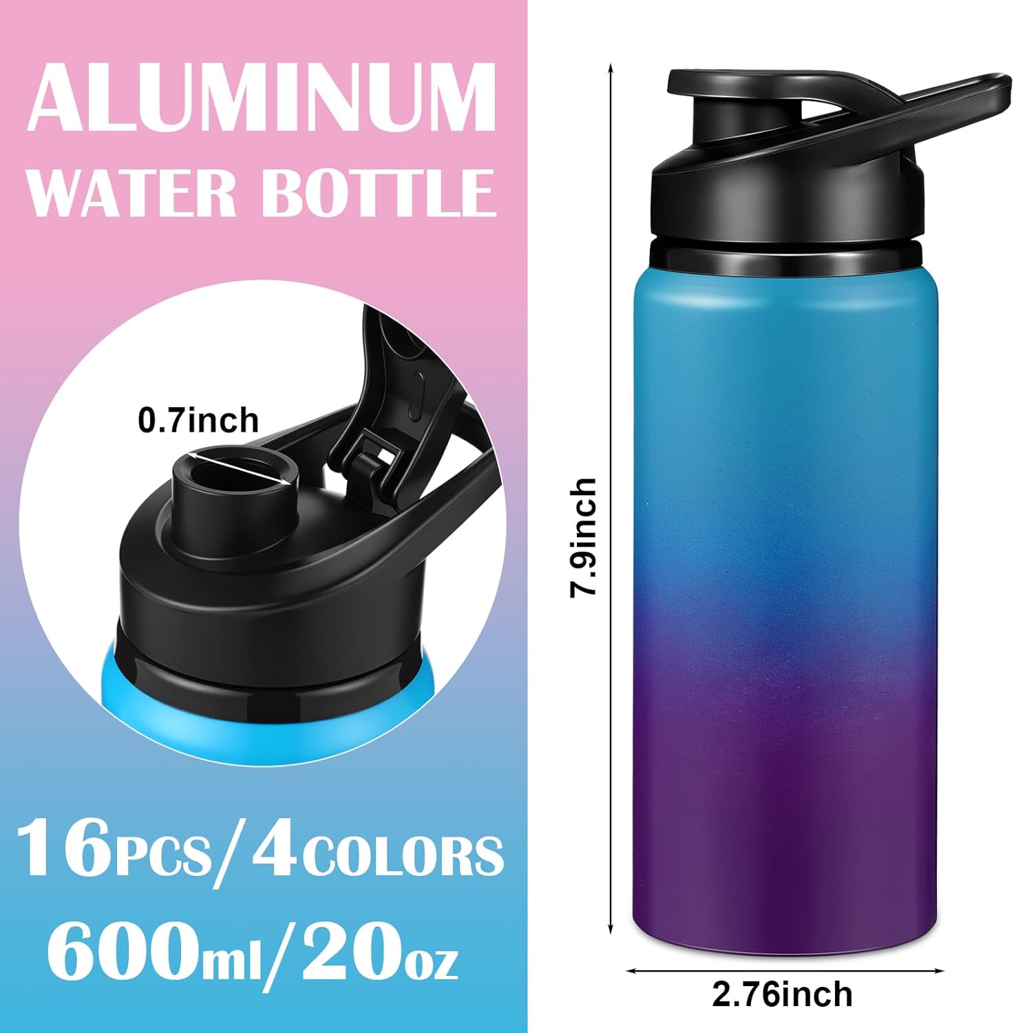 Mimorou 16 Pack Aluminum Water Bottles with Snap Lid Aluminum Reusable Sports Lightweight Leak Proof Water Bottles Bulk for Gym Hiking Cycling Sports Outdoor(20 oz) - Image 2