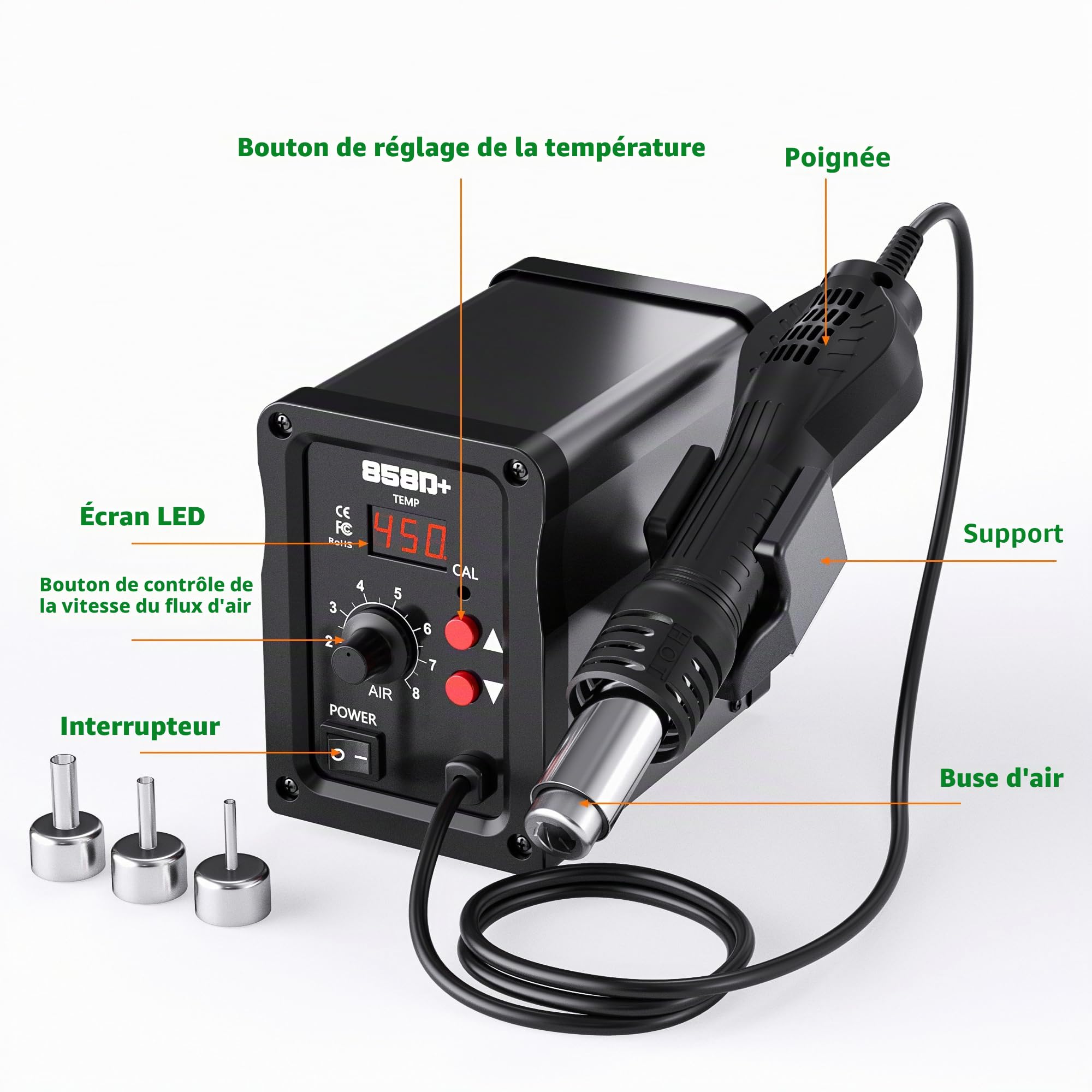 Station de Soudage à Air Chaud 700 W, Station De Soudage à Air Chaud 858D Avec Écran LED, 3 Buses, Température Réglable De 100 à 450 °C, Station De Dessoudage SMD Pour Bricolage, Réparations