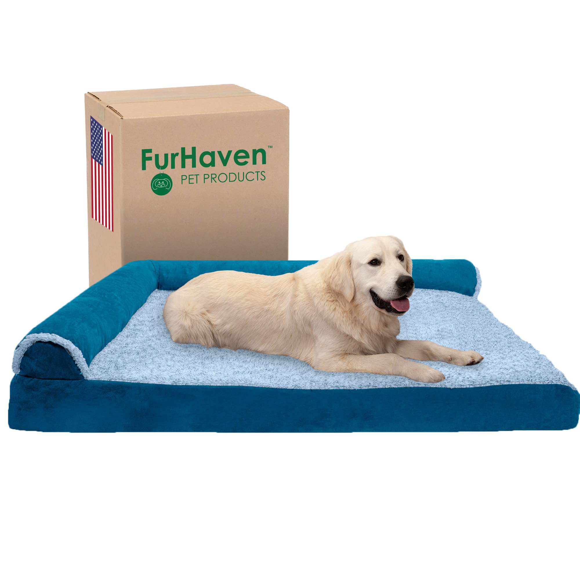 FurhavenMemory Foam Dog Bed for Large Dogs w/ Removable Bolsters & Washable Cover, For Dogs Up to 125 lbs - Two-Tone Plush Faux Fur & Suede L Shaped Chaise - Marine Blue, Jumbo Plus/XXL