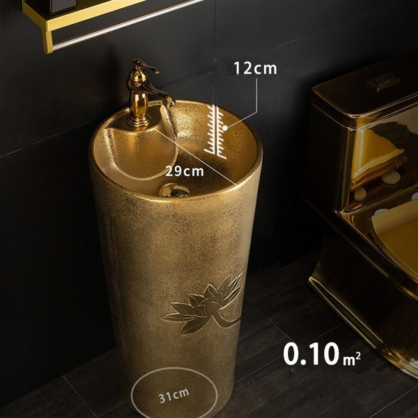 Fregadero dorado con relieve de loto, lavabo de pie galvanizado dorado, fregadero de cerámica de una pieza, talla A, B-One Size