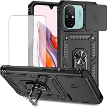 for Redmi 12C Case/Poco C55/Redmi 11A Case with Tempered Glass Screen Protector and Slide Camera Cover, Magnetic Ring Car Mount Holder Kickstand Protective Cover for Xiaomi Redmi 12C Black
