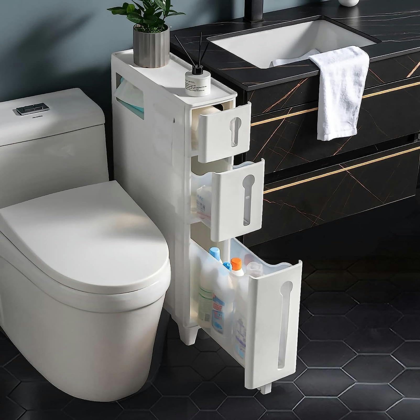 Gabinete De Piso De Baño Alto Y Delgado con Ruedas,