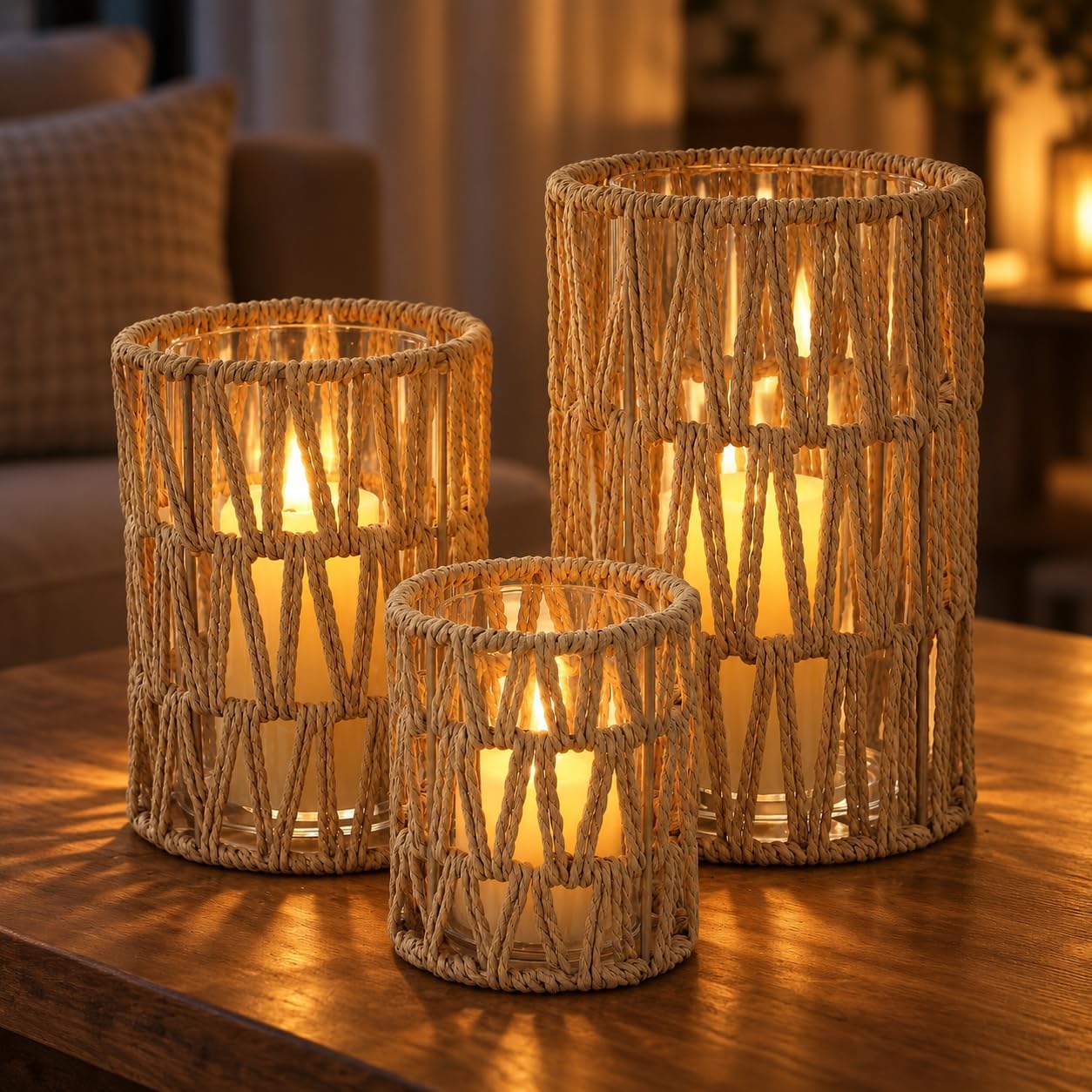 Baluue Rattan Hurricane Candle Holders Set of 3 Handwoven Boho Lanterns